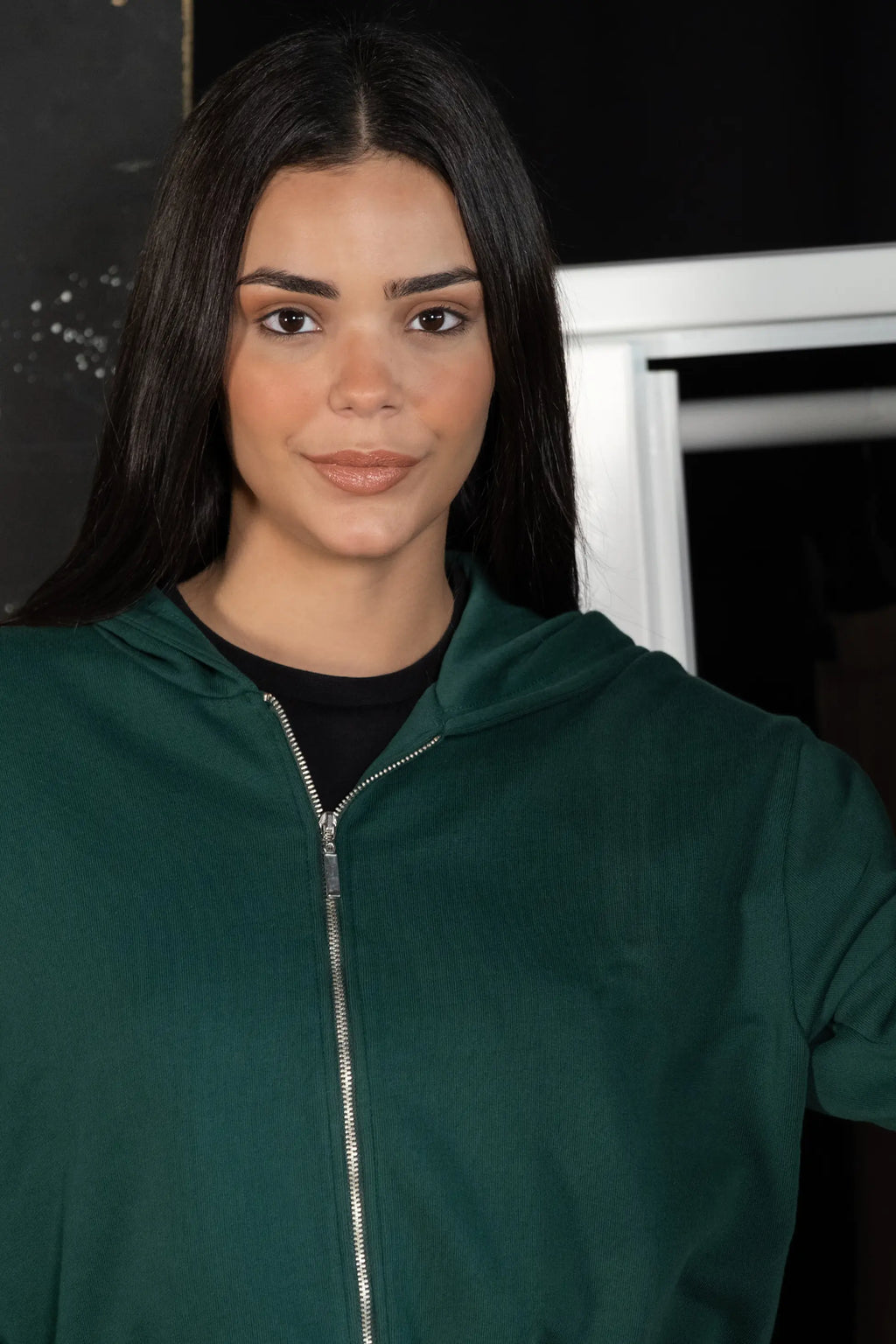 Fermuarlı Kapüşonlu Yeşil Crop Sweatshirt