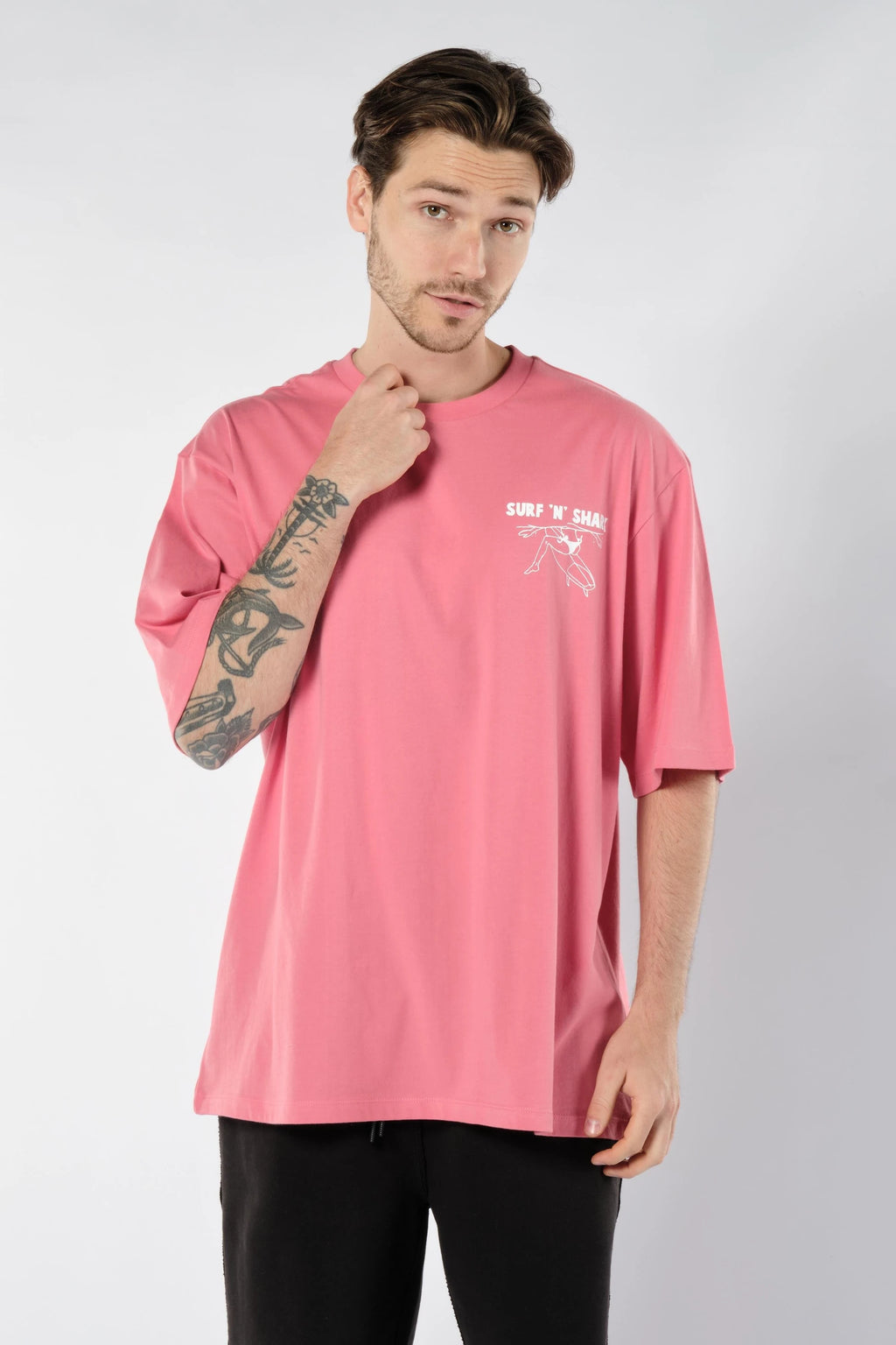 Köpek Balığı Baskılı Erkek Pembe Oversize Tişört
