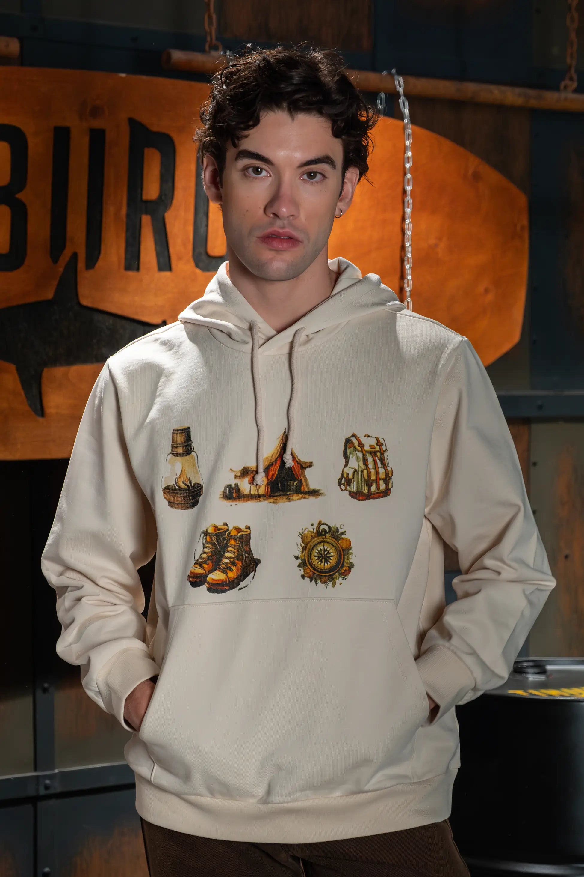 Kapüşonlu Baskılı Ekru Hoodie