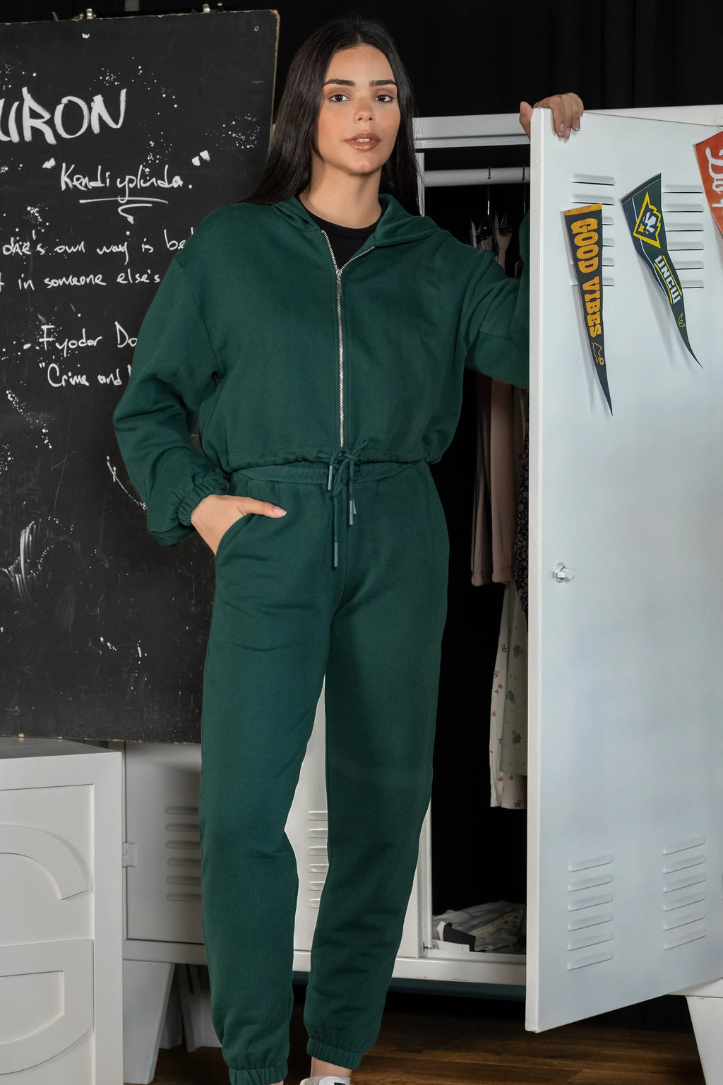 Fermuarlı Kapüşonlu Yeşil Crop Sweatshirt