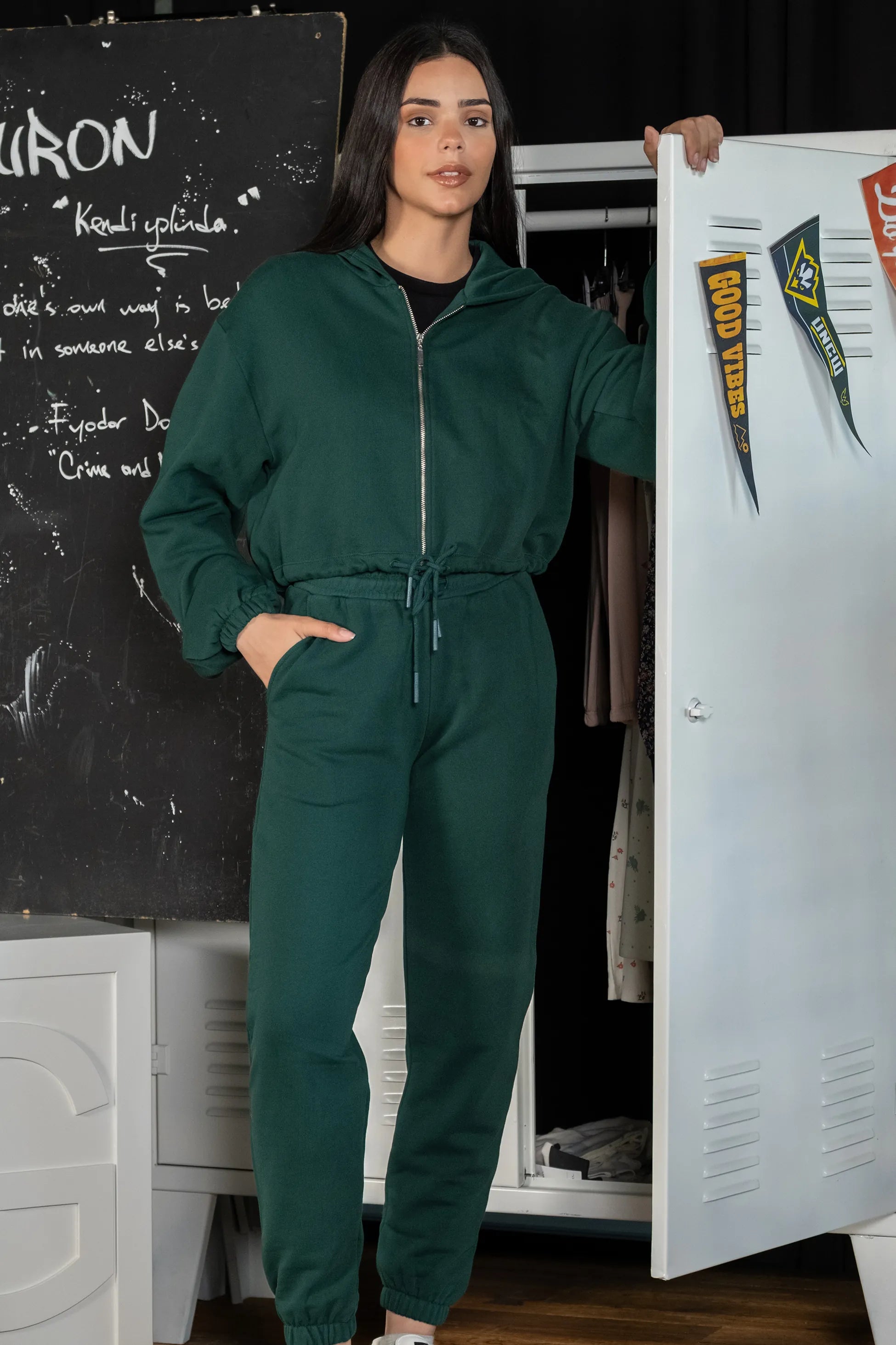 Fermuarlı Kapüşonlu Yeşil Crop Sweatshirt