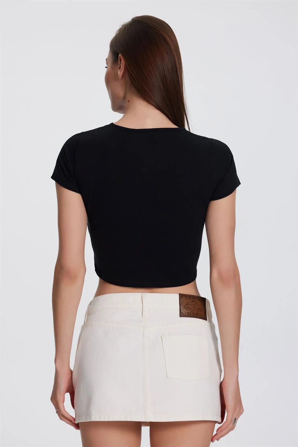 Siyah Baskılı Kadın Crop Tişört