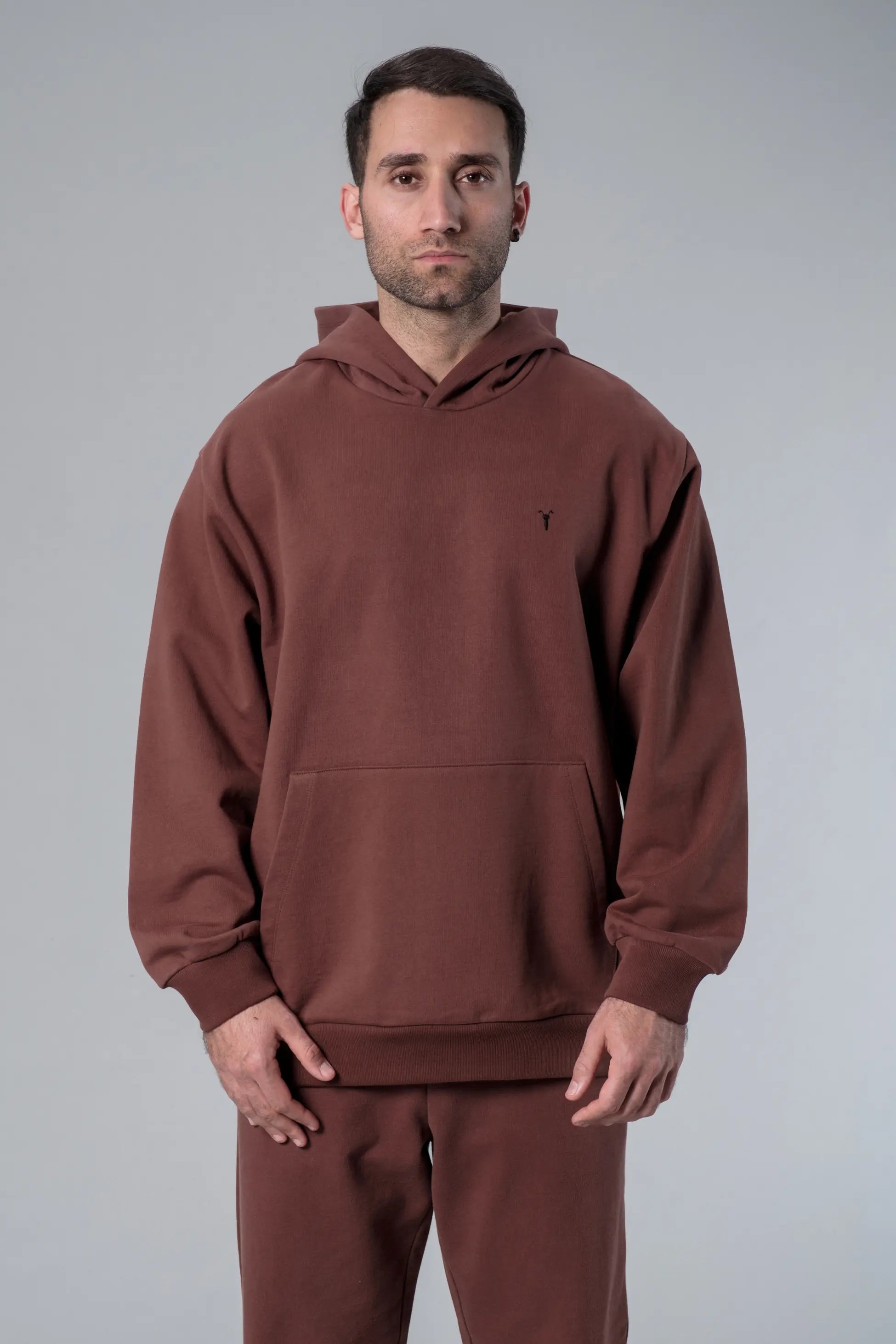 Nakış Detaylı Kahverengi Oversize Hoodie