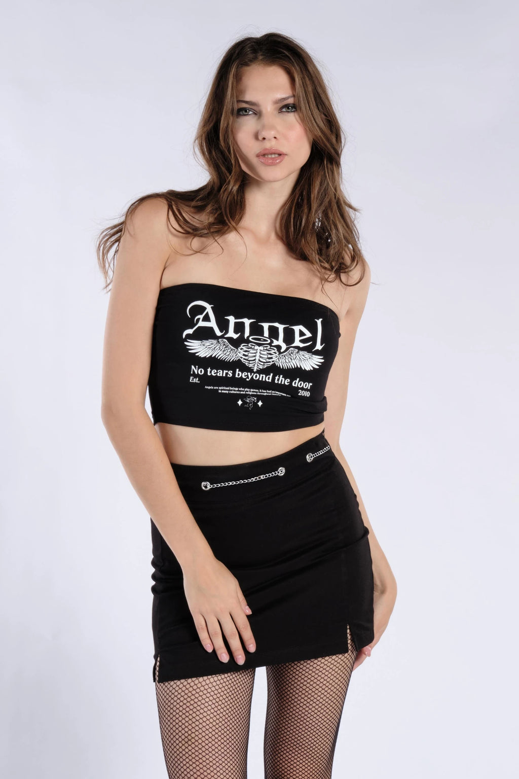 Baskılı Straplez Siyah Crop Top