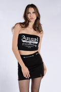 Baskılı Straplez Siyah Crop Top