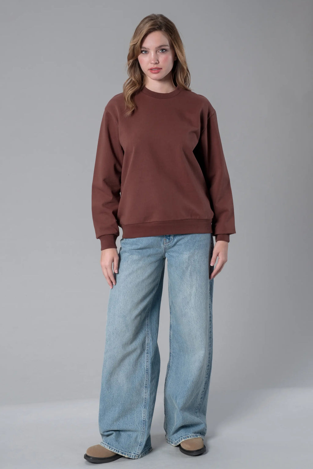 Kahverengi Bisiklet Yaka Sweatshirt