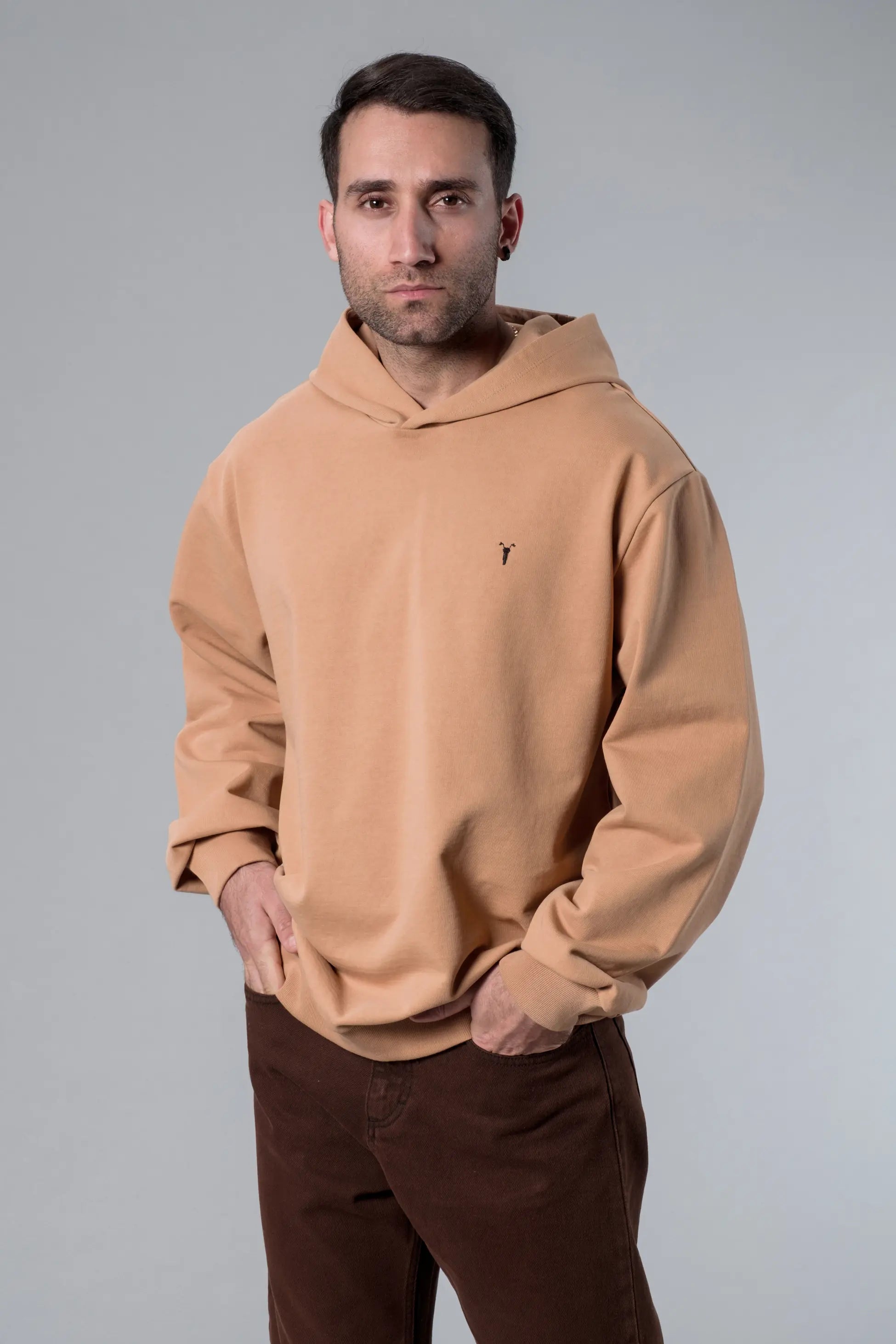 Nakış Detaylı Bej Oversize Hoodie
