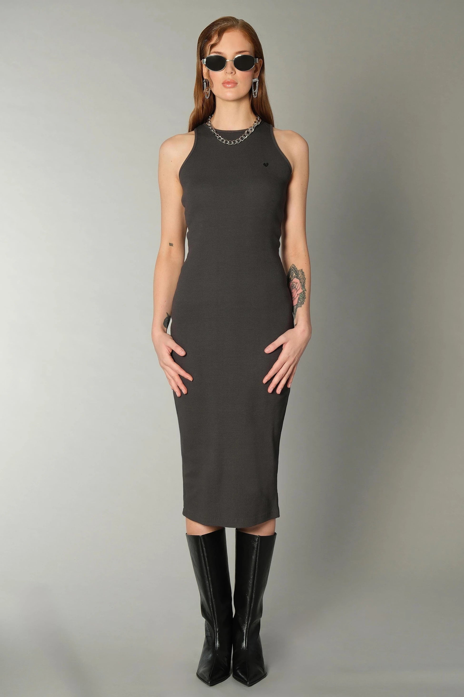 Antrasit Halter Yaka Midi Elbise