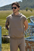 Nakışlı Kapüşonlu Kahverengi Kolsuz Erkek Hoodie