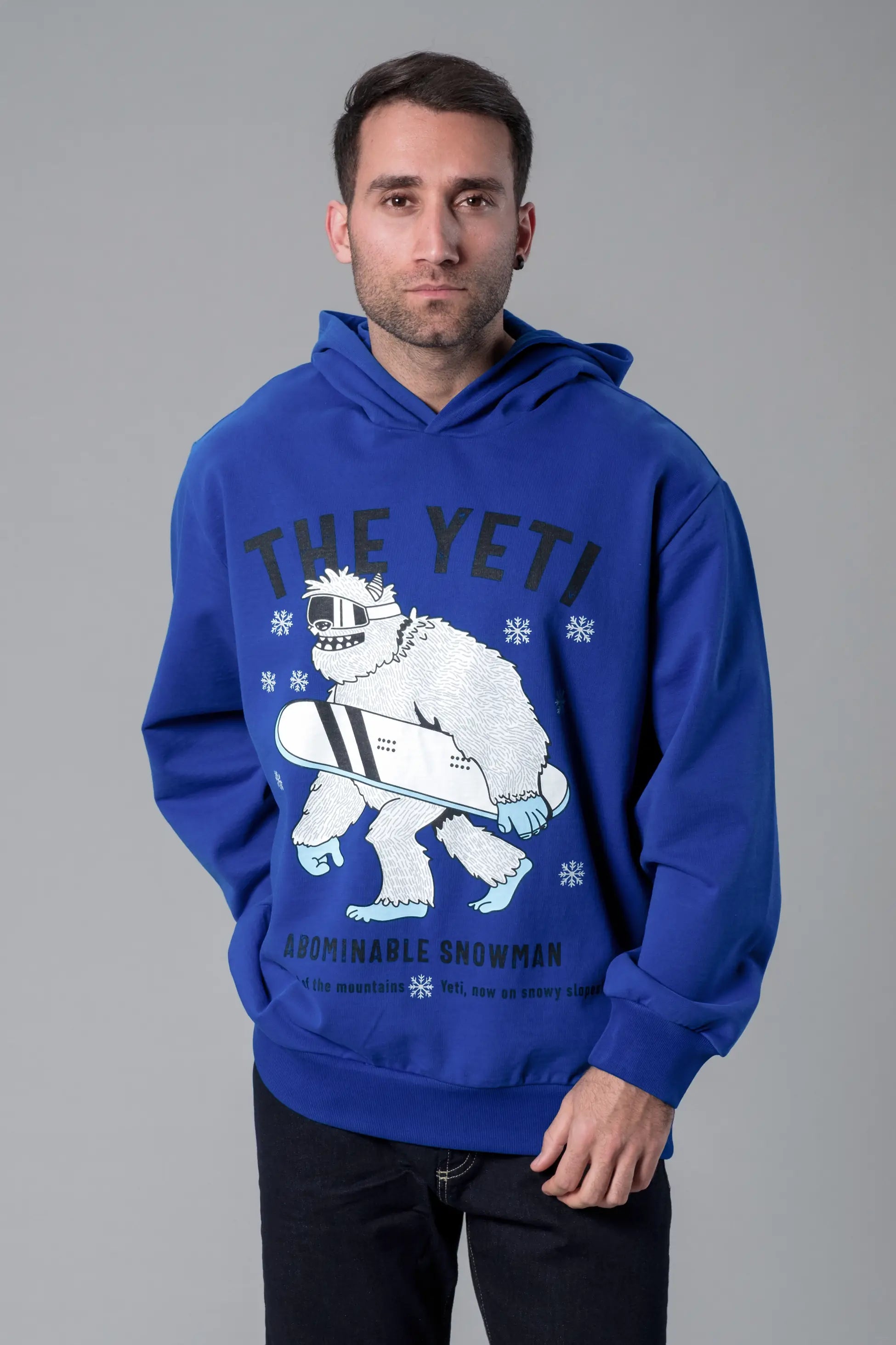 Kapüşonlu Önü Baskılı Mavi Oversize Hoodie