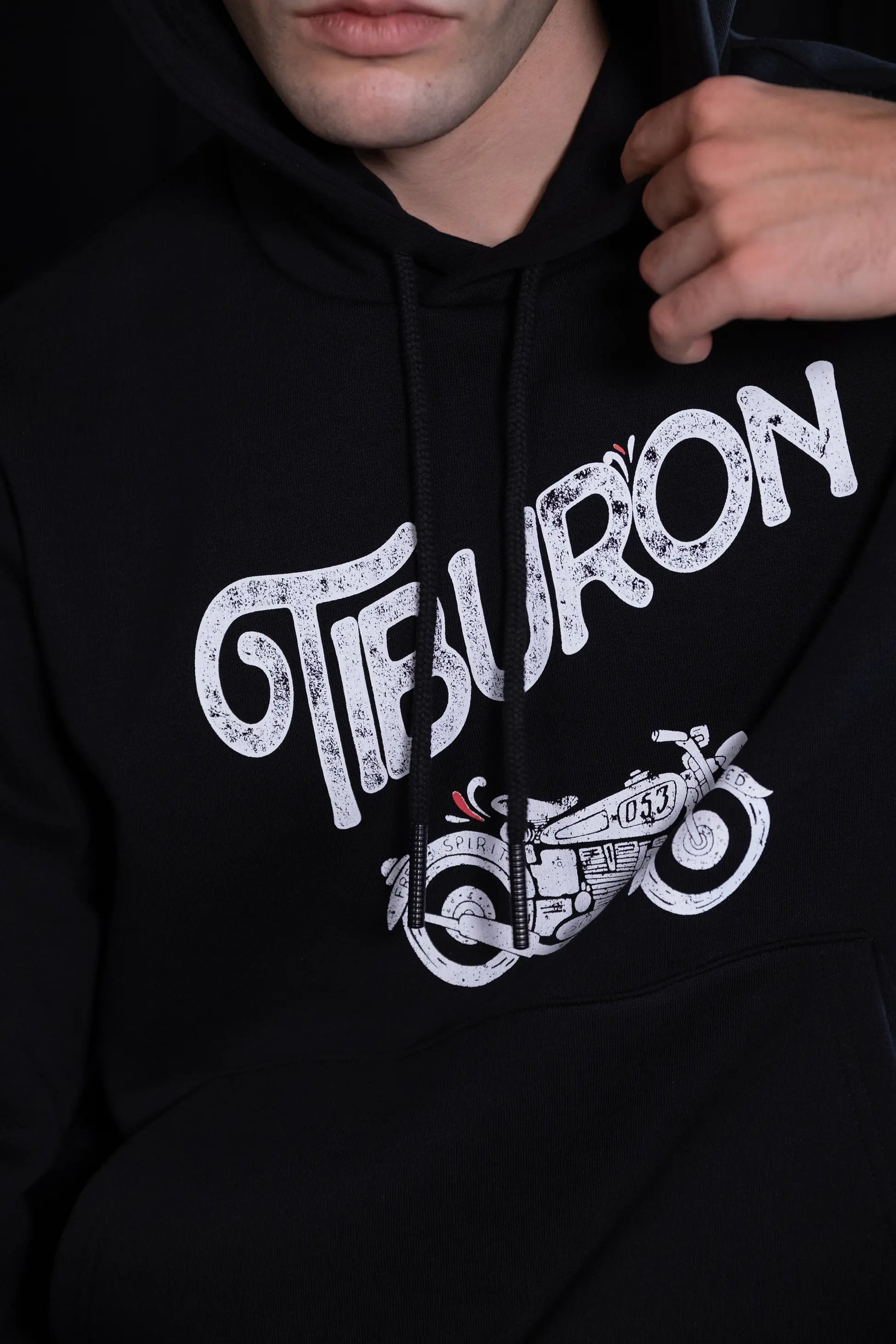 Tiburon Baskılı Şardonlu Siyah Erkek Hoodie