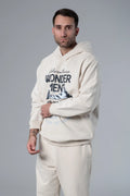 Kapüşonlu Baskılı Ekru Oversize Hoodie
