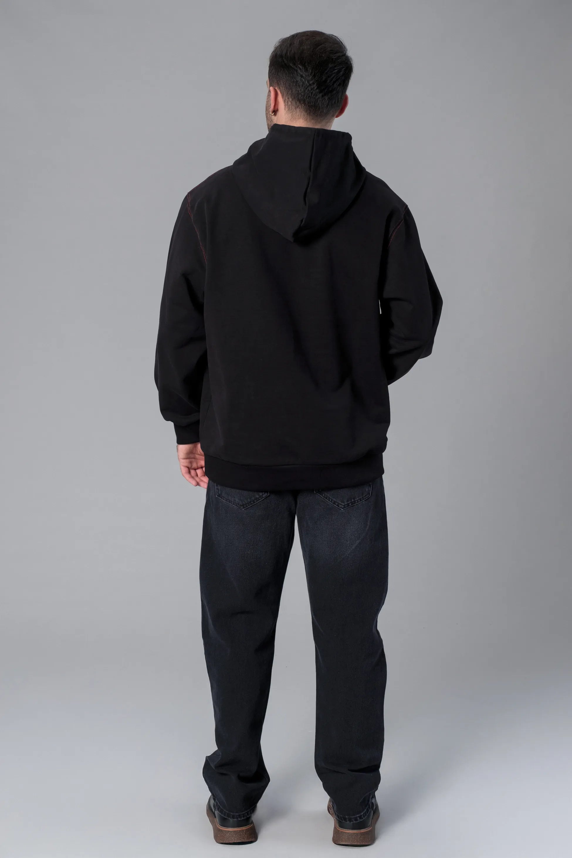 Nakış Detaylı Siyah Oversize Hoodie