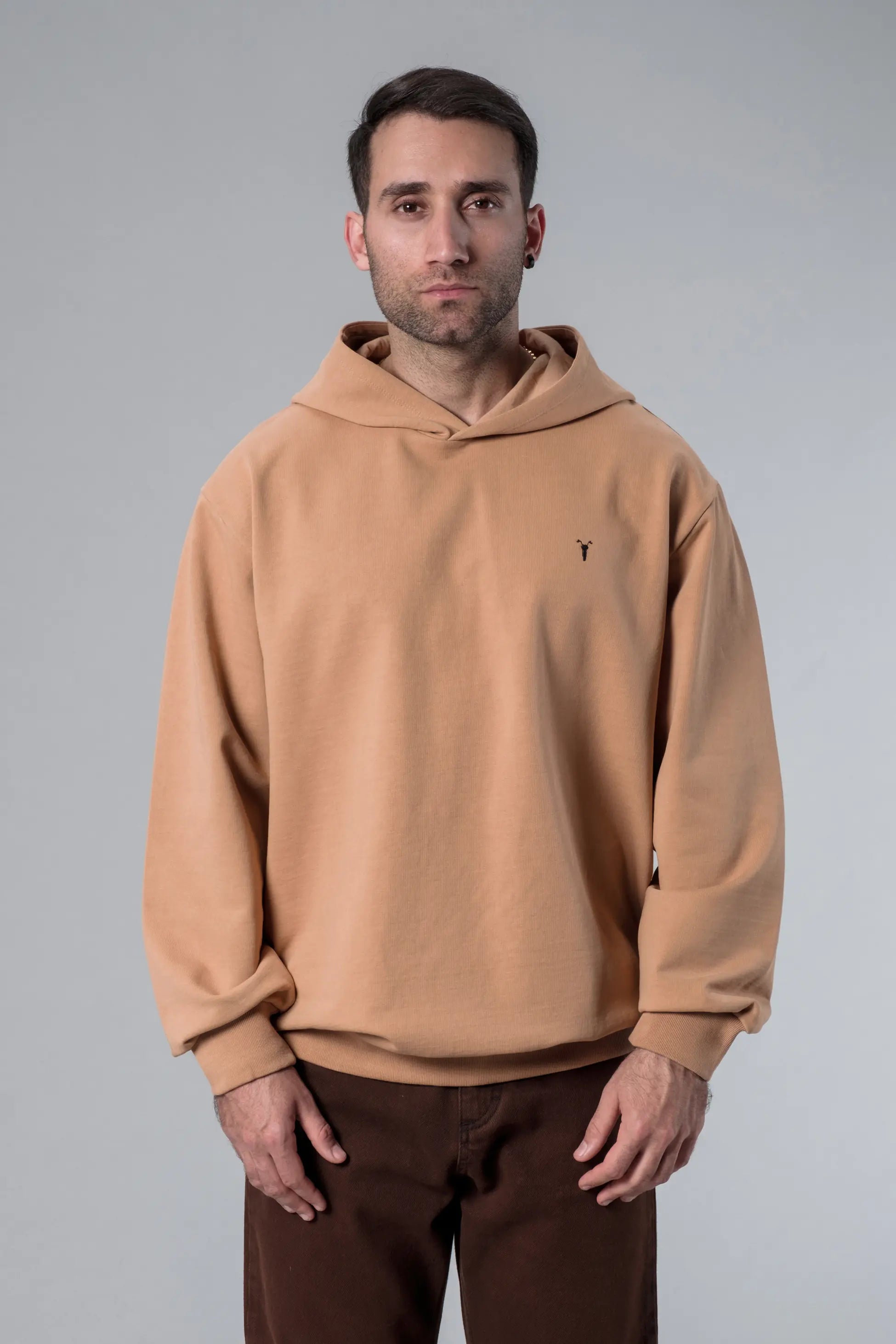 Nakış Detaylı Bej Oversize Hoodie