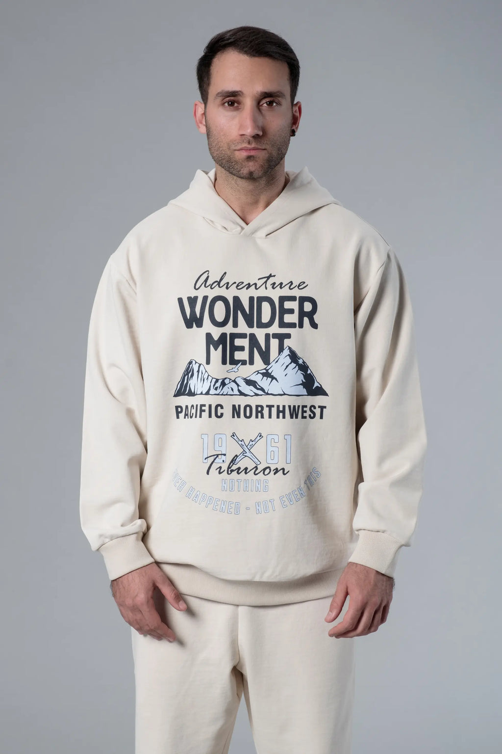 Kapüşonlu Baskılı Ekru Oversize Hoodie