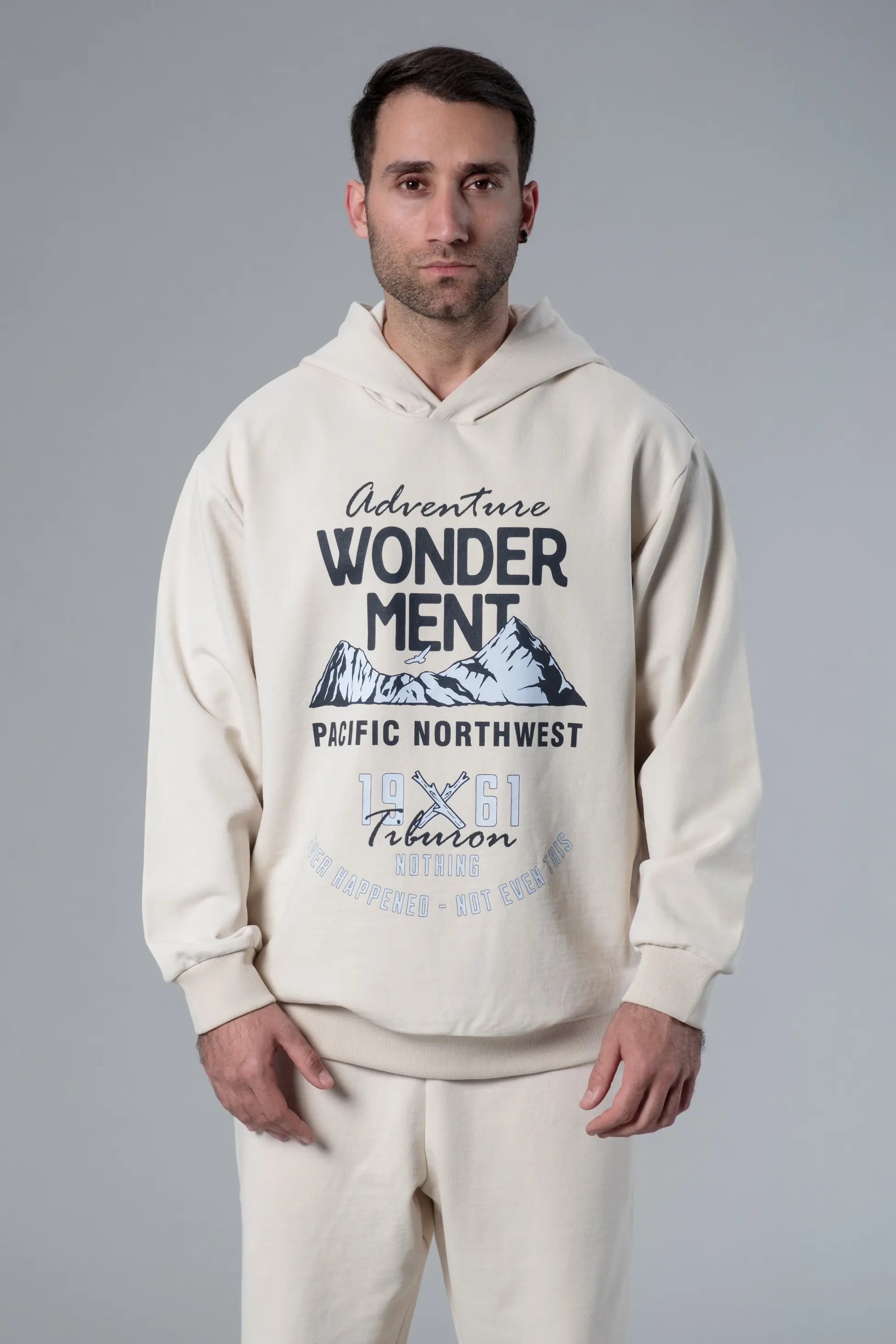 Kapüşonlu Baskılı Ekru Oversize Hoodie