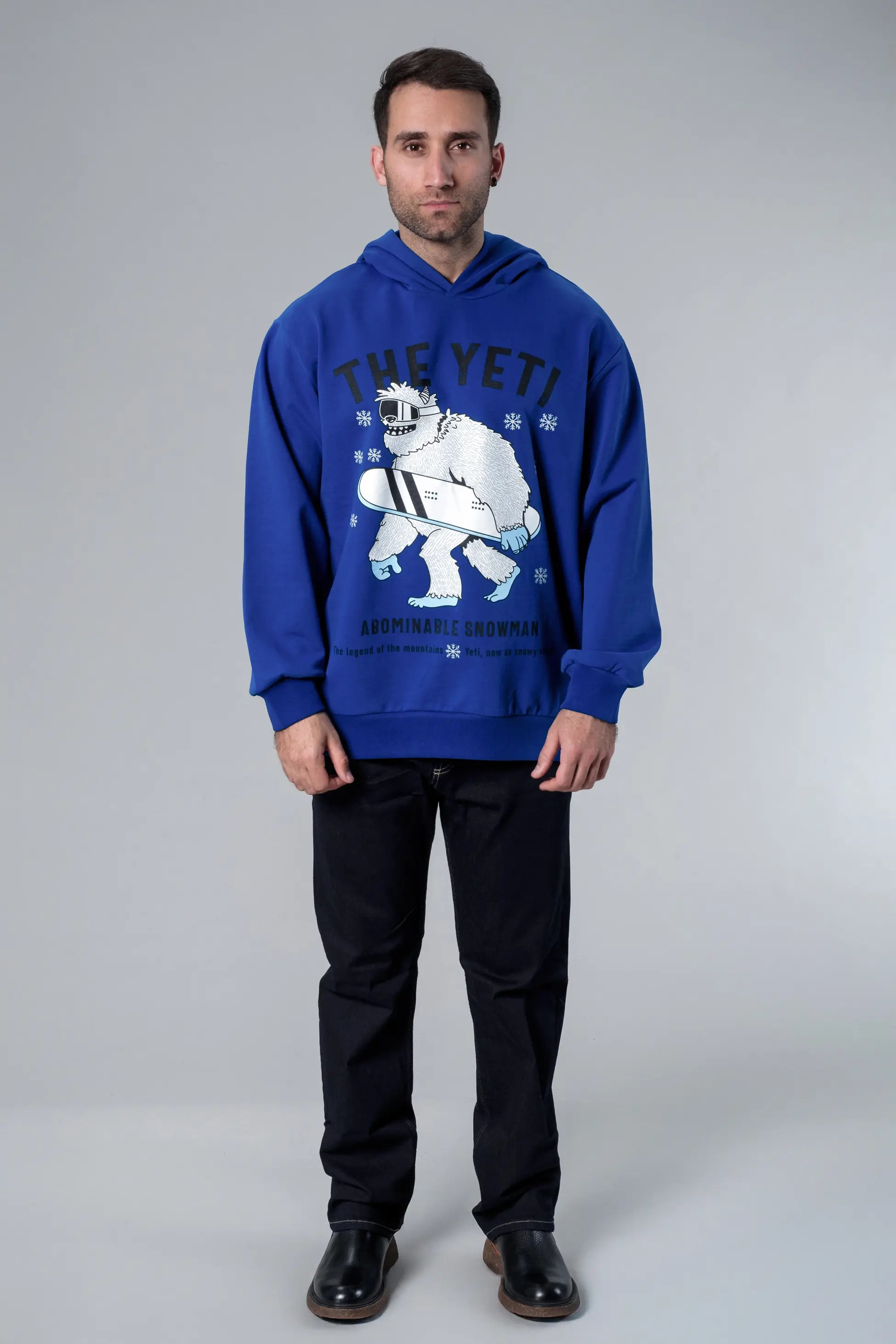 Kapüşonlu Önü Baskılı Mavi Oversize Hoodie