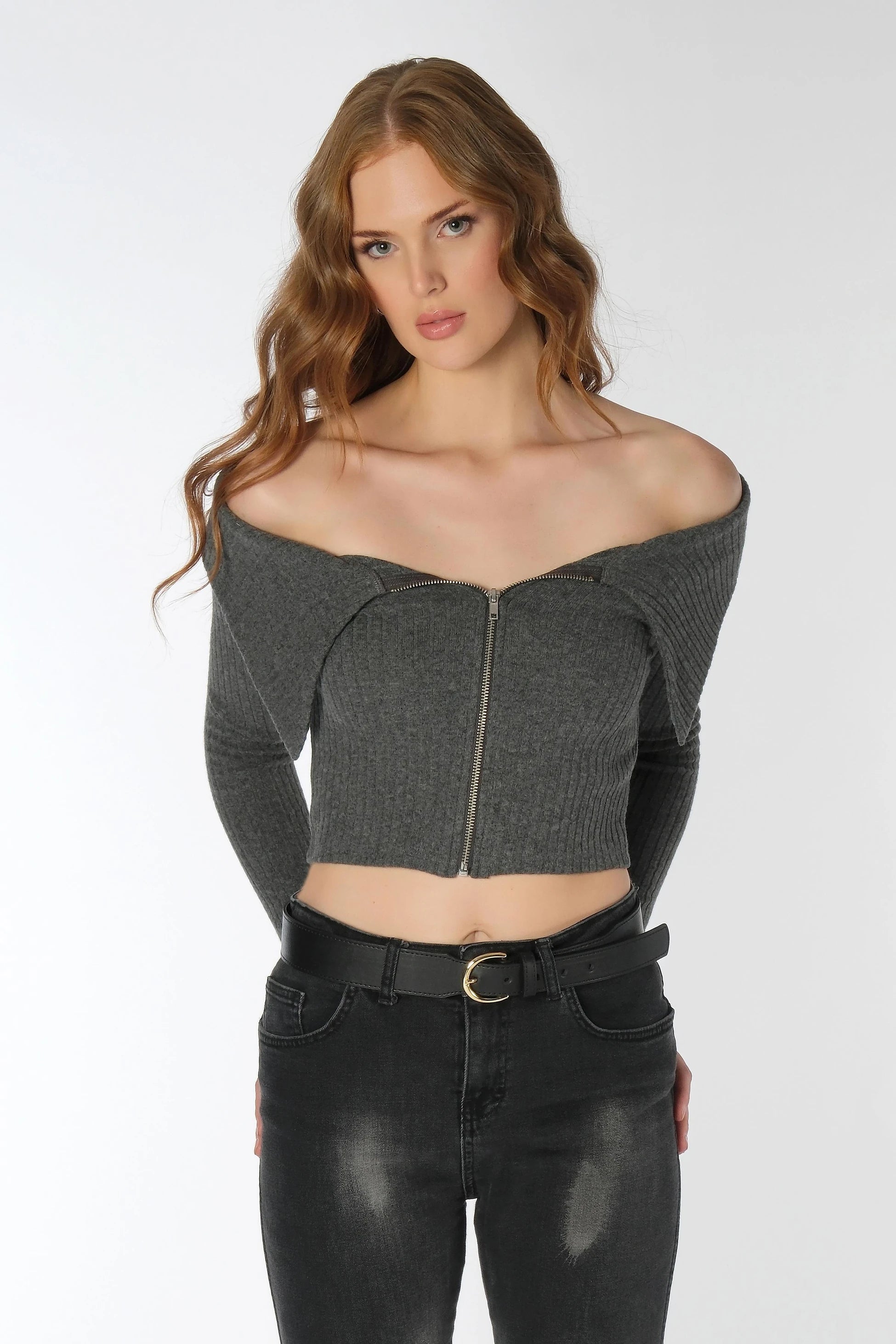 Fermuarlı Straplez Fitilli Crop Body