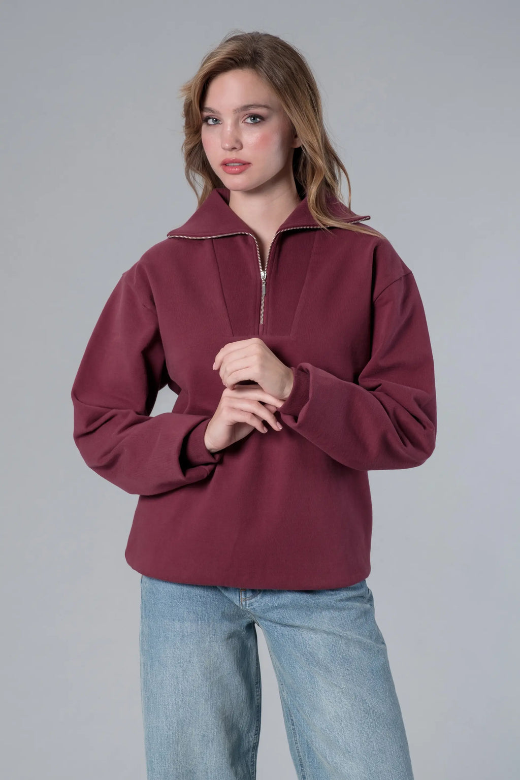 Yarım Fermuarlı Bordo Sweatshirt
