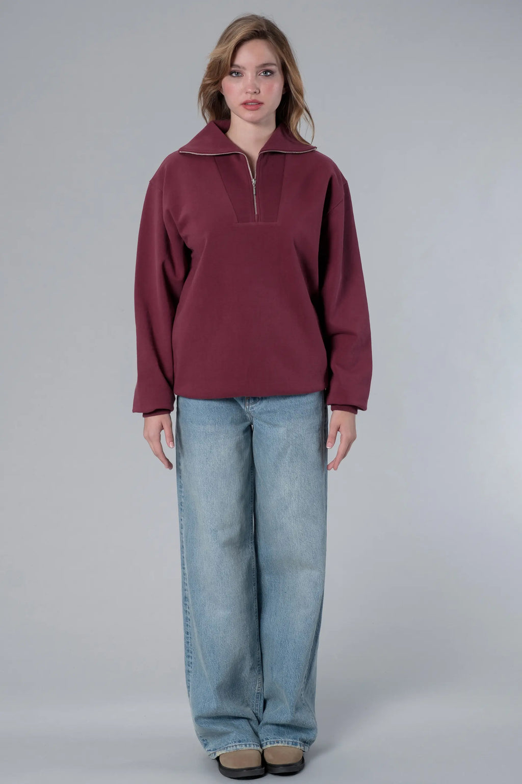 Yarım Fermuarlı Bordo Sweatshirt