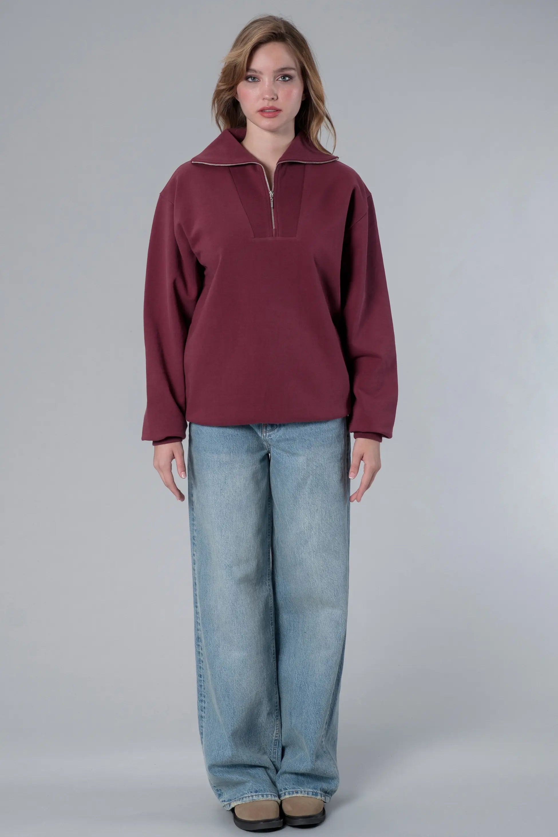 Yarım Fermuarlı Bordo Sweatshirt