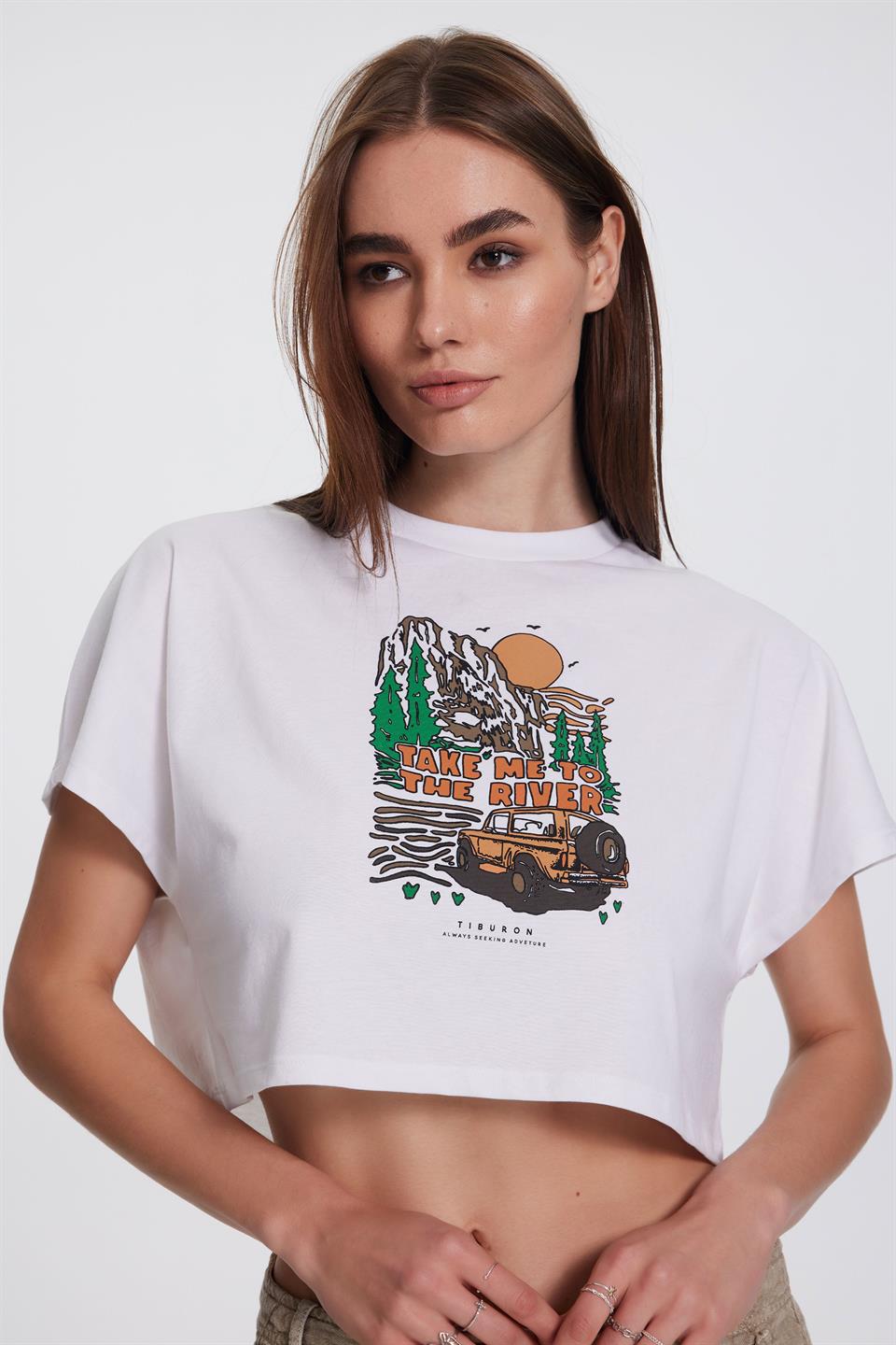 Beyaz Baskılı Kadın Crop Tişört