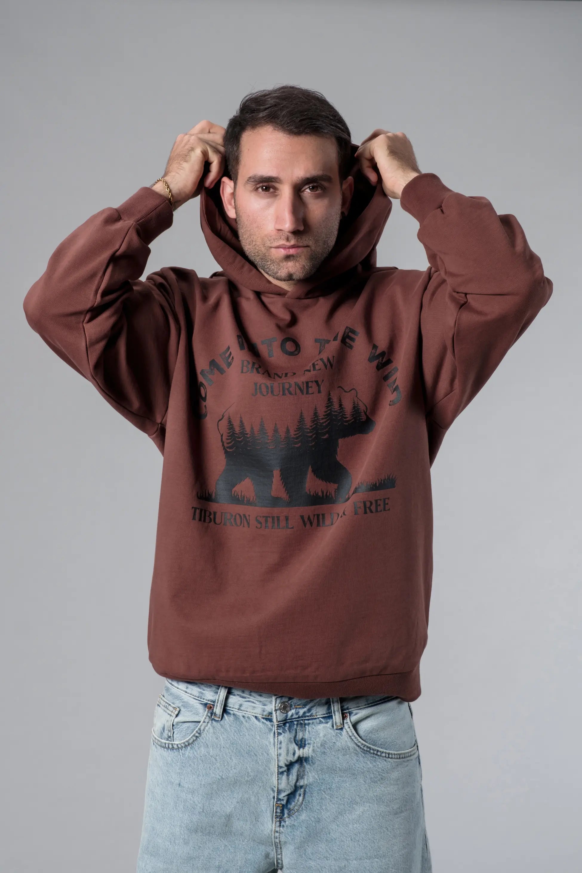 Baskılı Kahverengi Oversize Hoodie