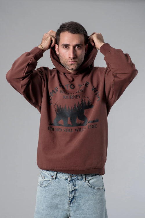 Baskılı Kahverengi Oversize Hoodie