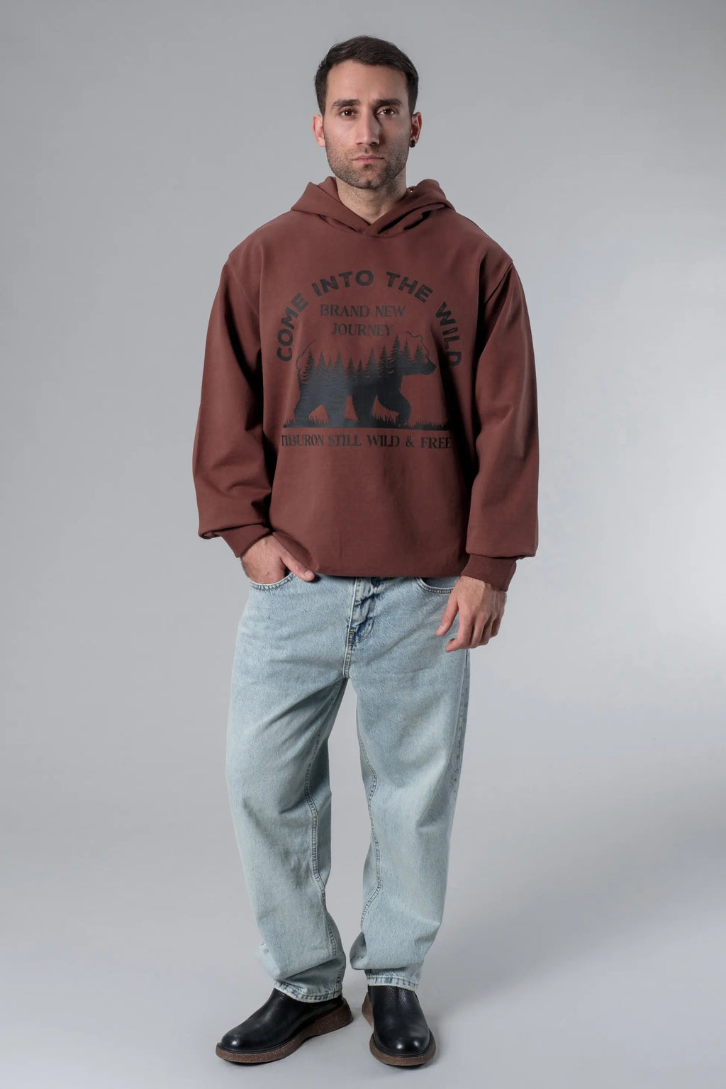 Baskılı Kahverengi Oversize Hoodie