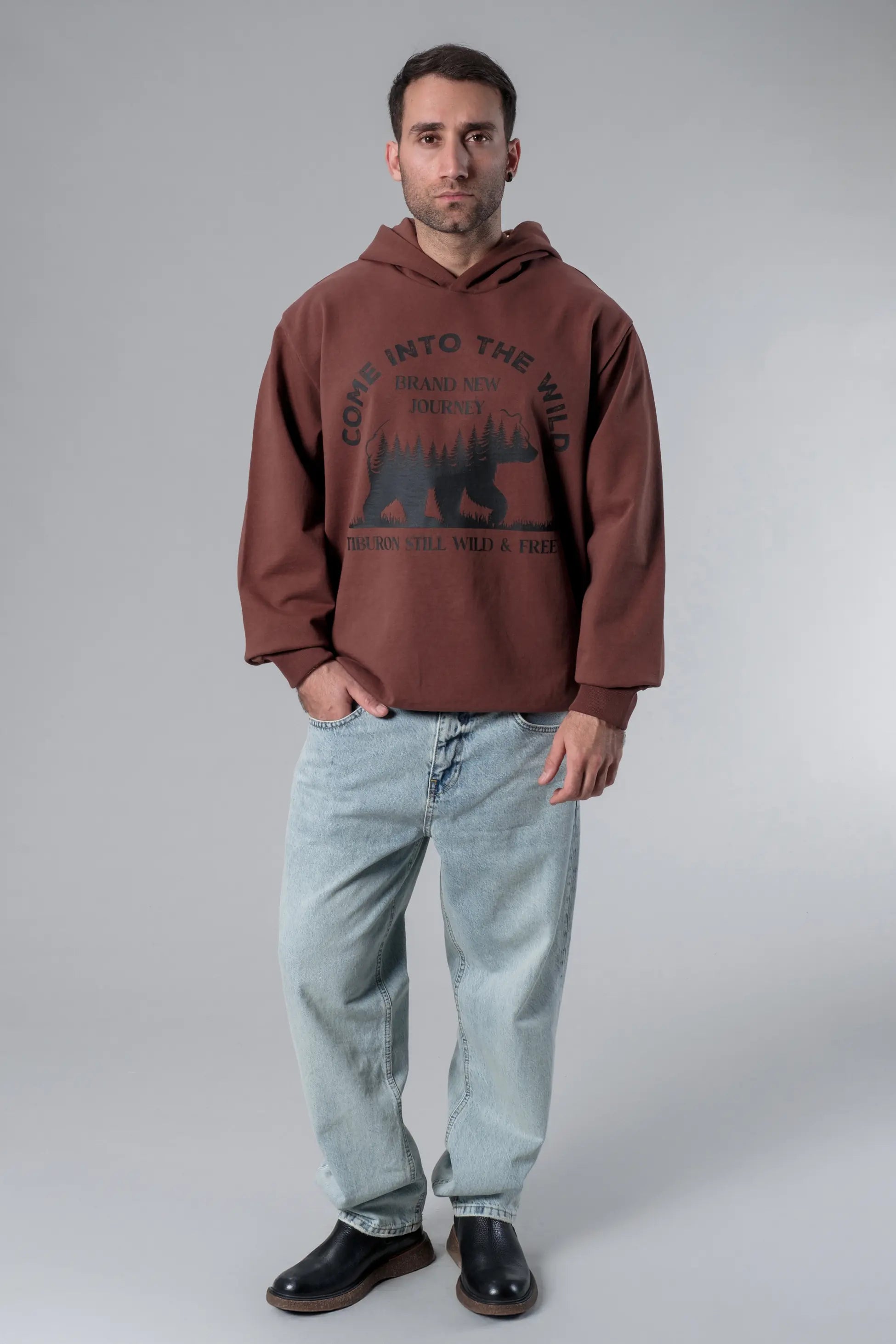 Baskılı Kahverengi Oversize Hoodie