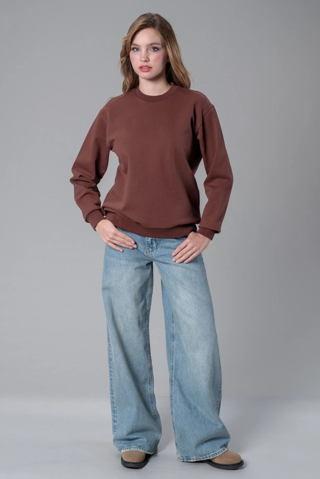 Kahverengi Bisiklet Yaka Sweatshirt