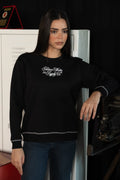 Dikiş Detaylı Nakışlı Siyah Sweatshirt