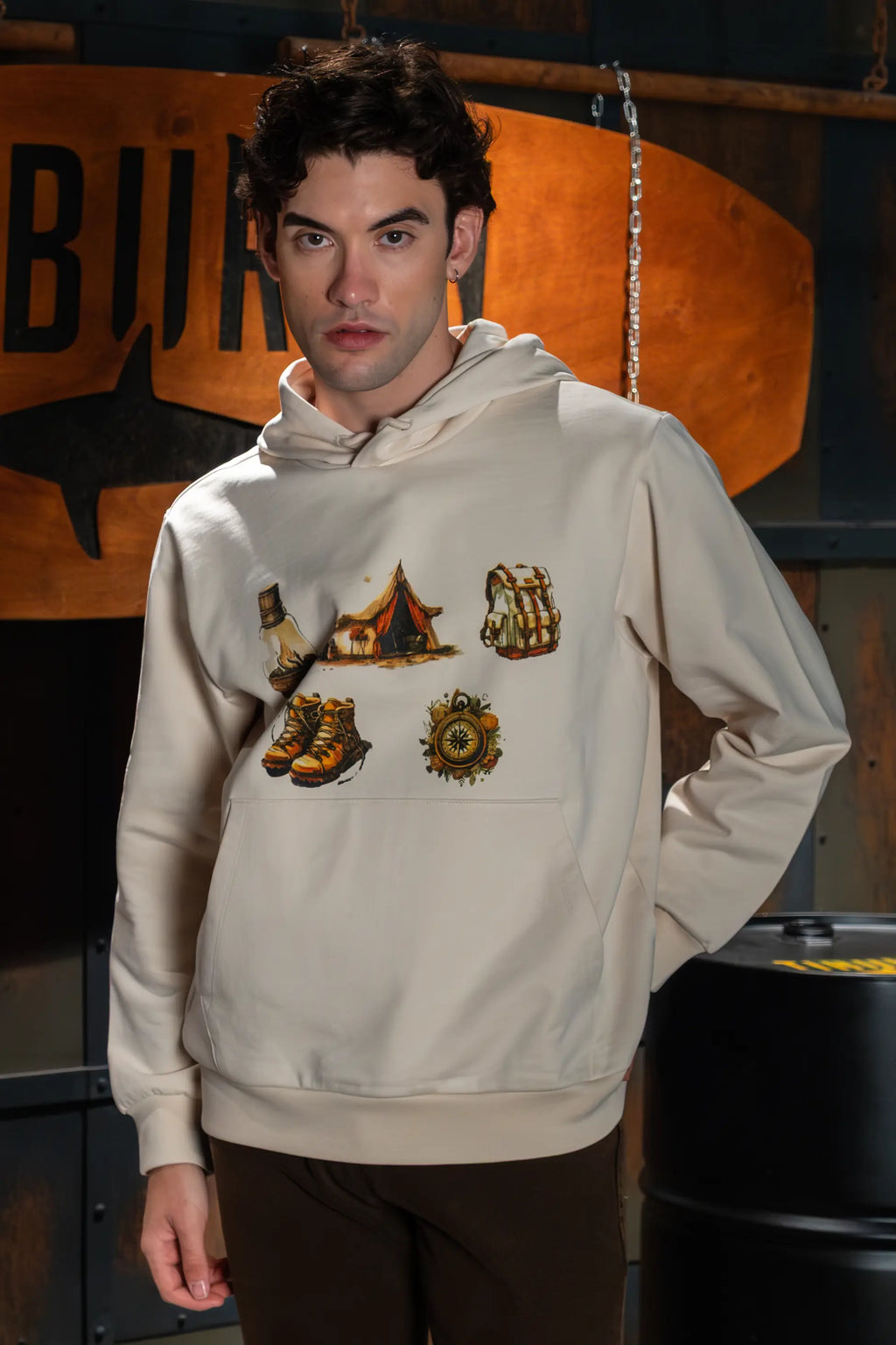 Kapüşonlu Baskılı Ekru Hoodie