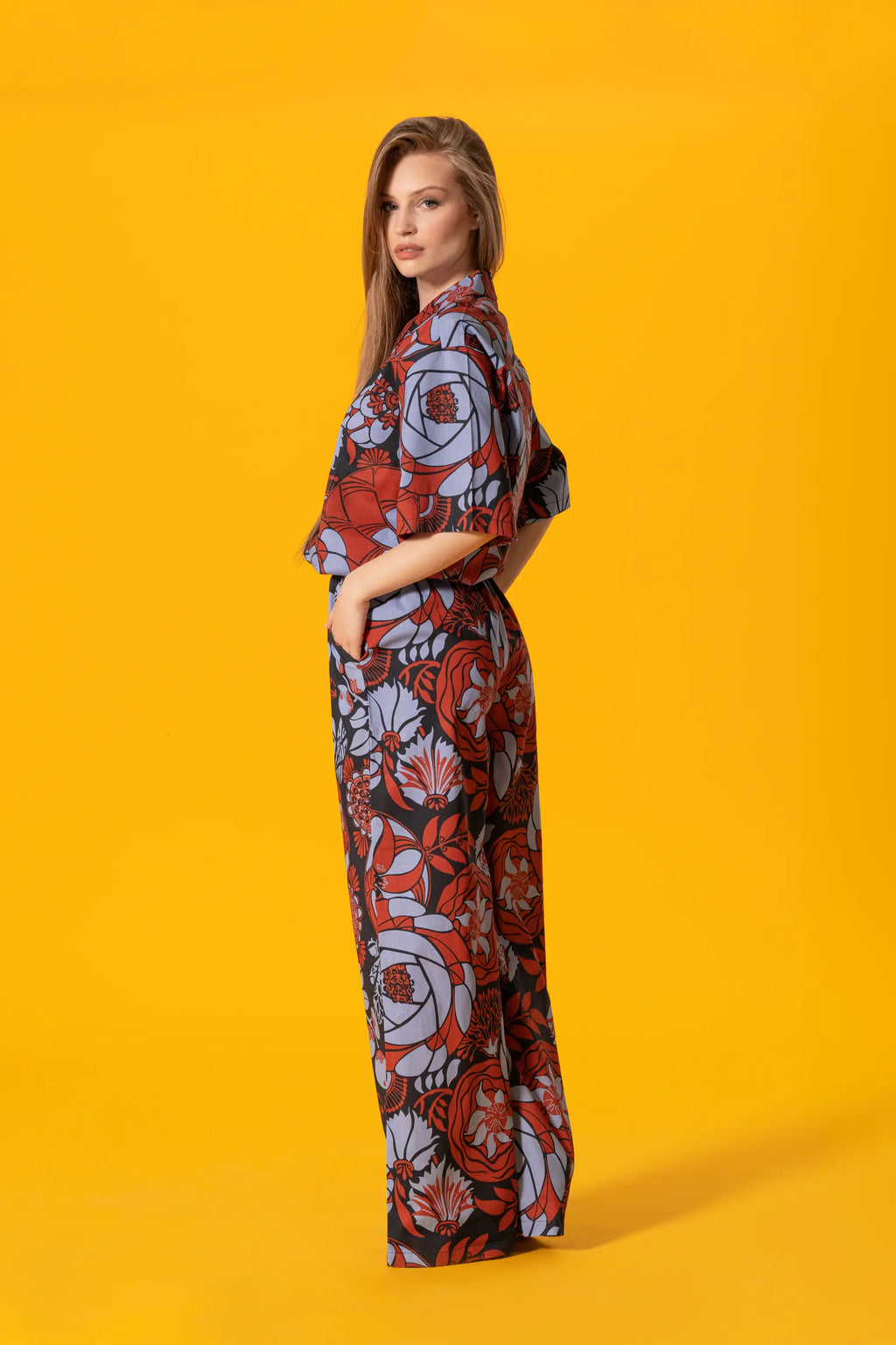 Lacivert Çiçek Desenli Poplin Pantolon