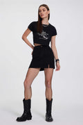 Siyah Yırtmaç Detaylı Denim Mini Etek