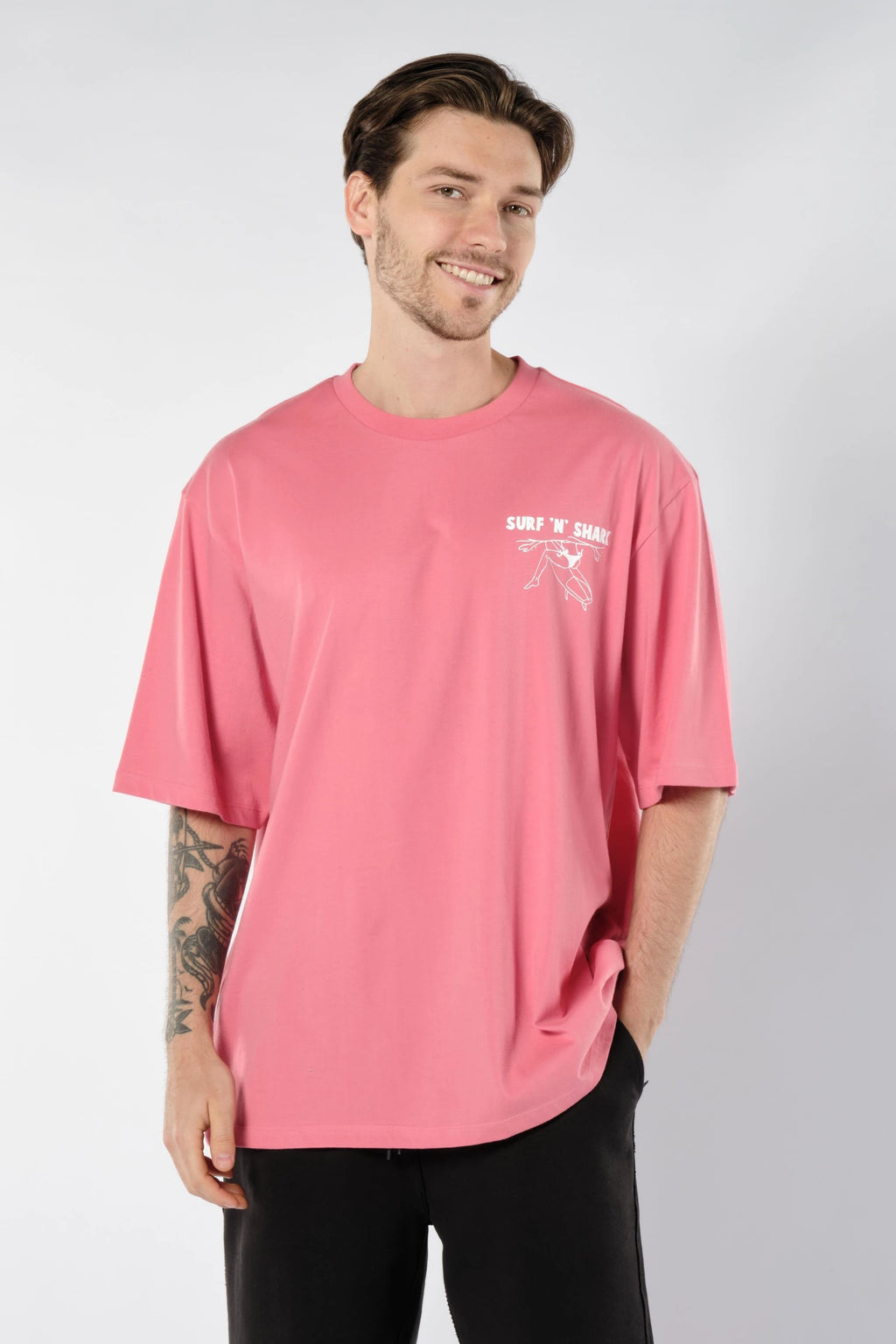 Köpek Balığı Baskılı Erkek Pembe Oversize Tişört