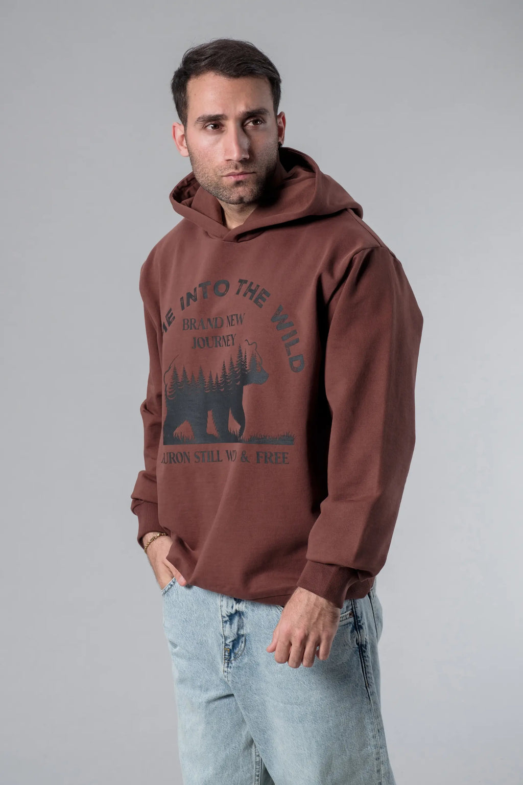 Baskılı Kahverengi Oversize Hoodie