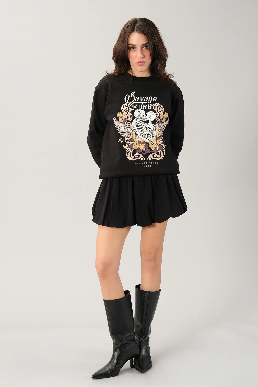 Önü Baskılı Siyah Kadın Sweatshirt