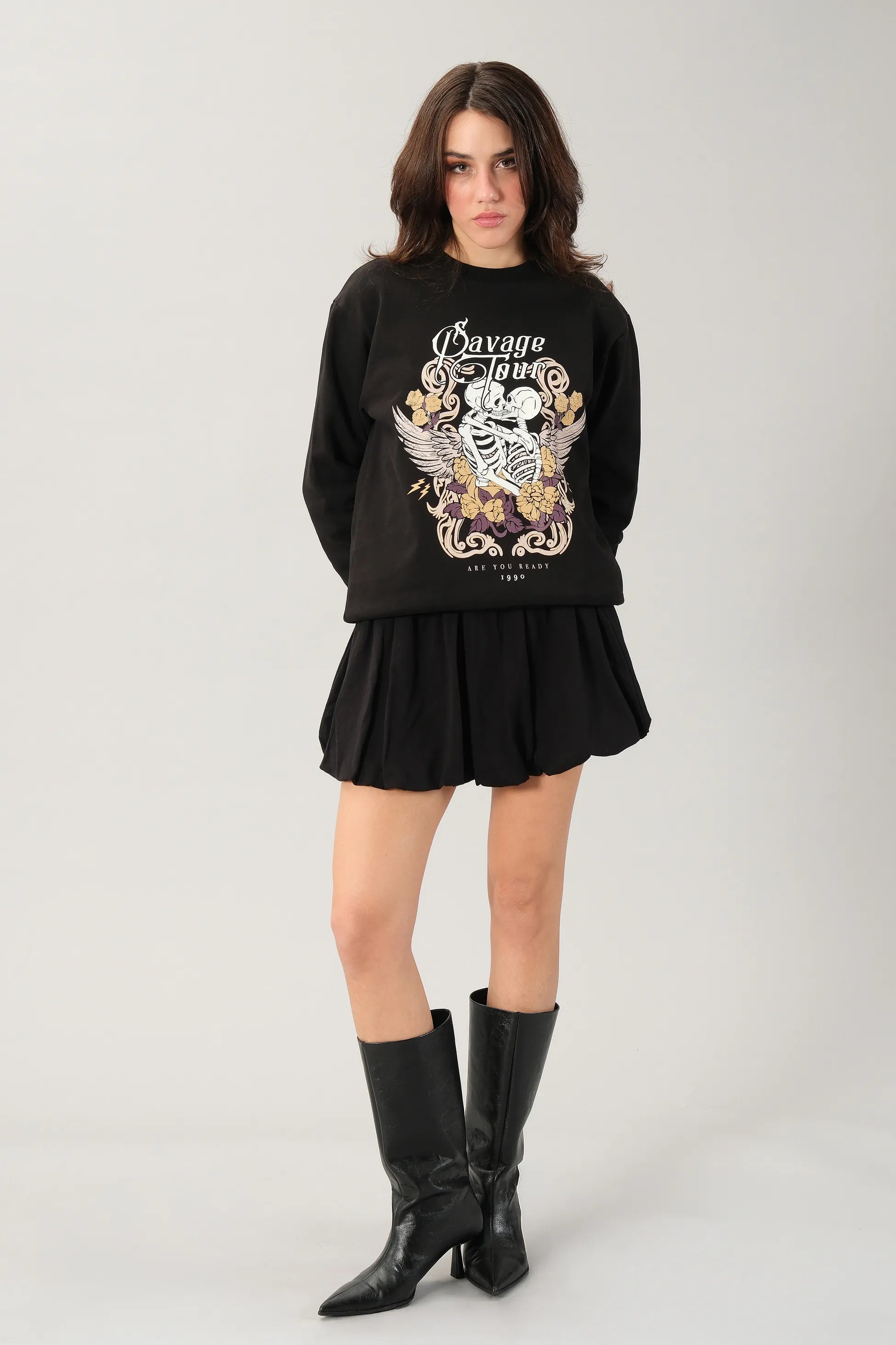 Önü Baskılı Siyah Kadın Sweatshirt