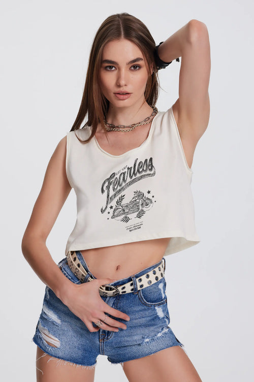 Baskılı Kolsuz Ekru Crop Tişört