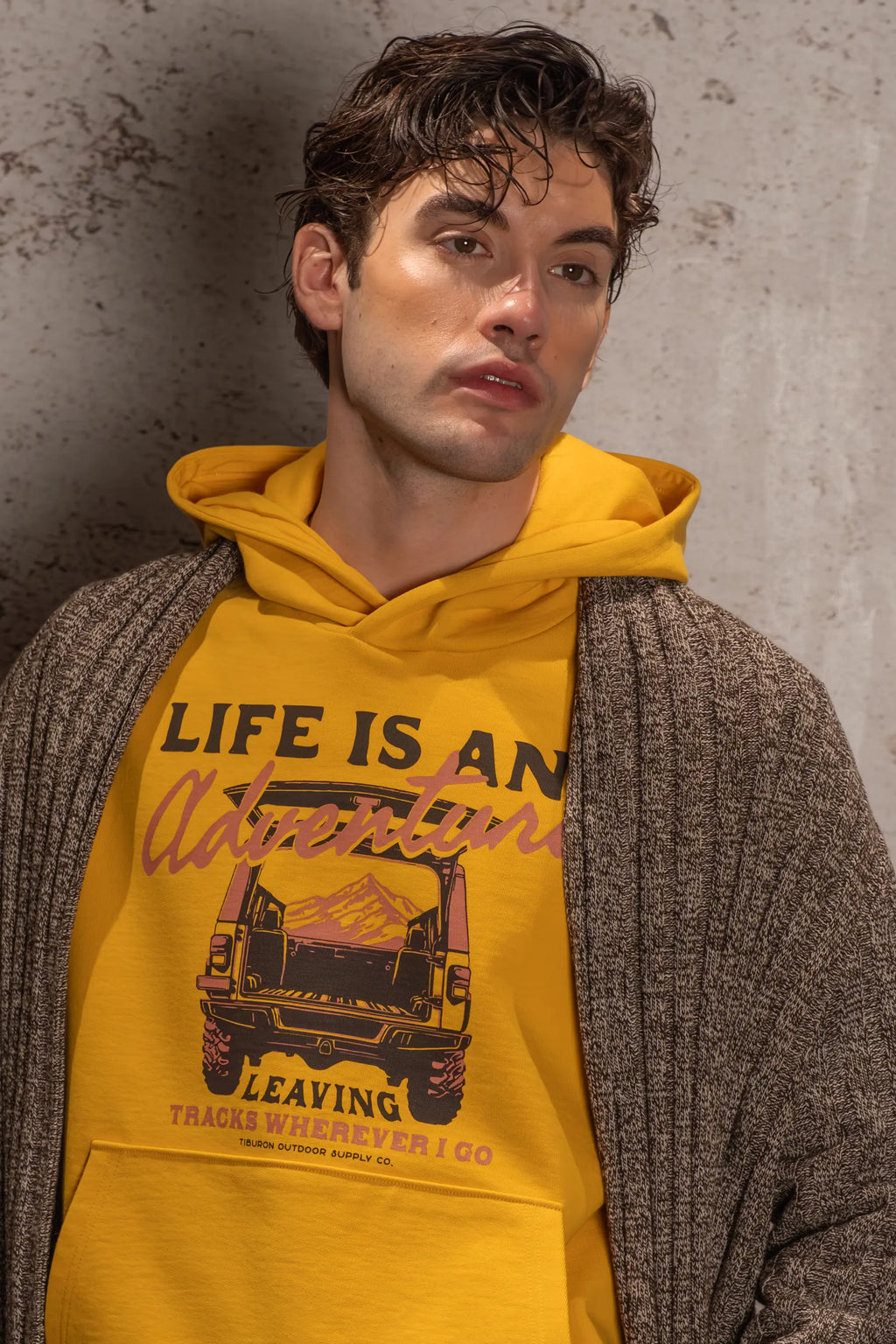 Baskılı Kapüşonlu Regular Sarı Erkek Hoodie