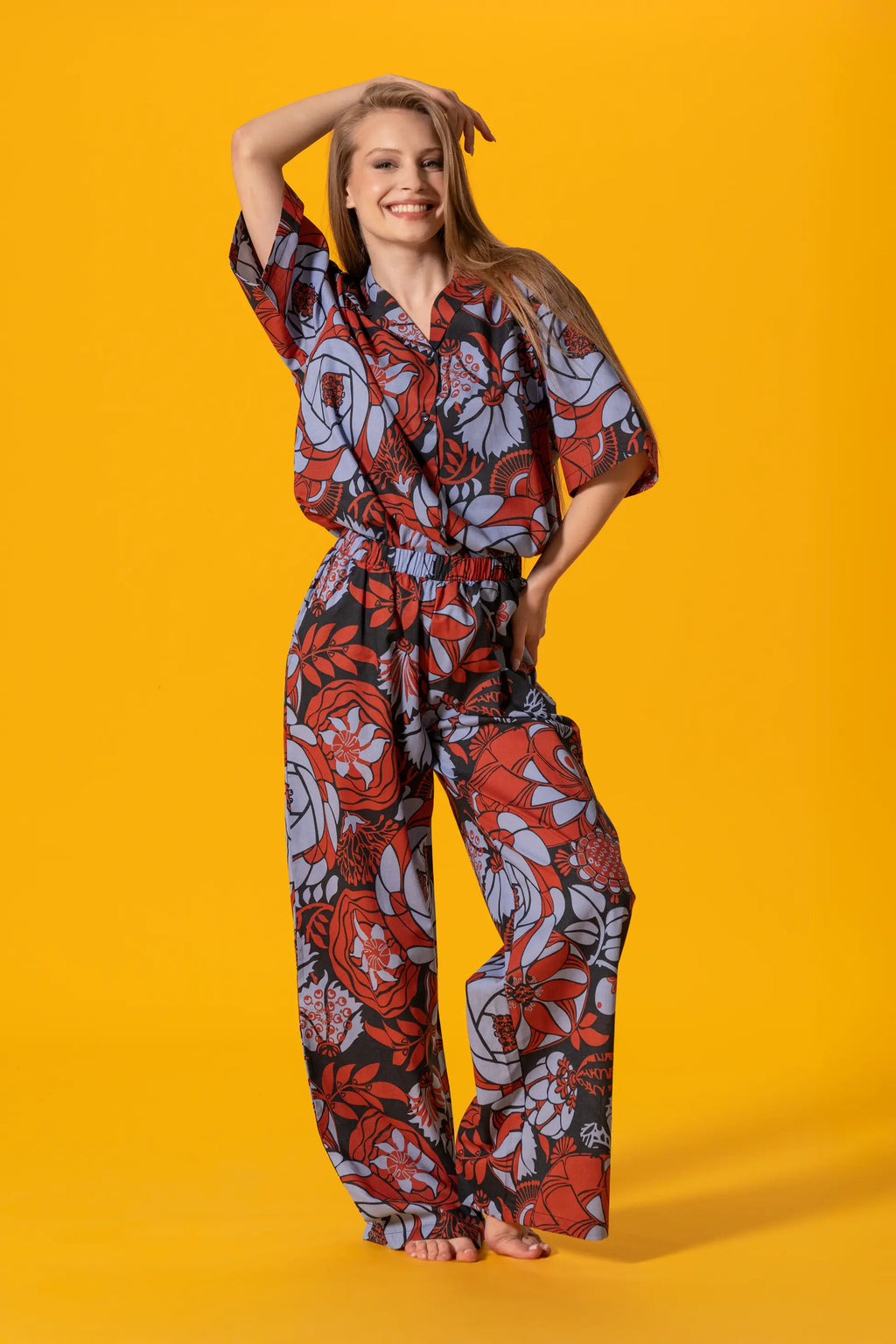 Lacivert Çiçek Desenli Poplin Pantolon