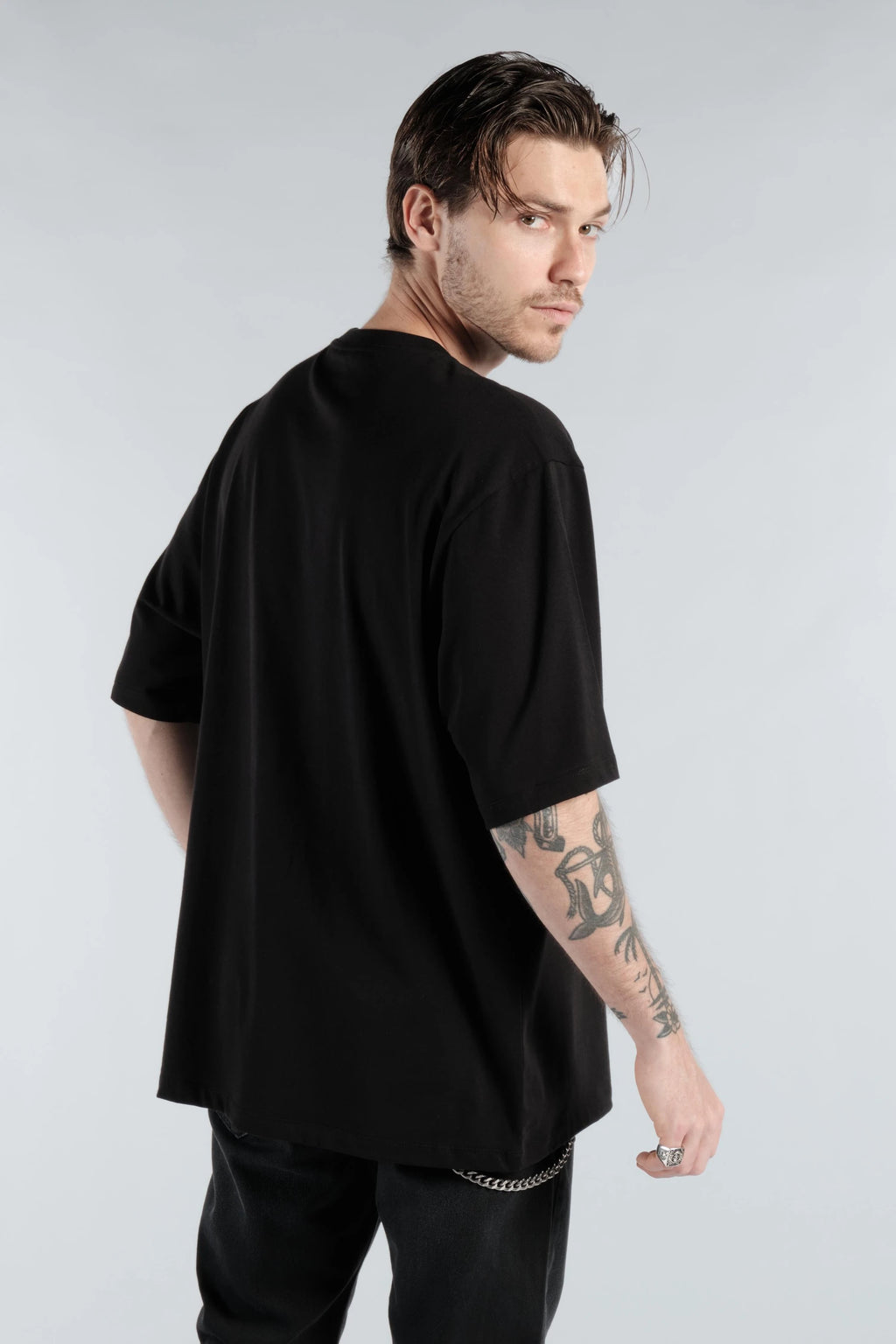 Slogan Baskılı Erkek Siyah Oversize Tişört