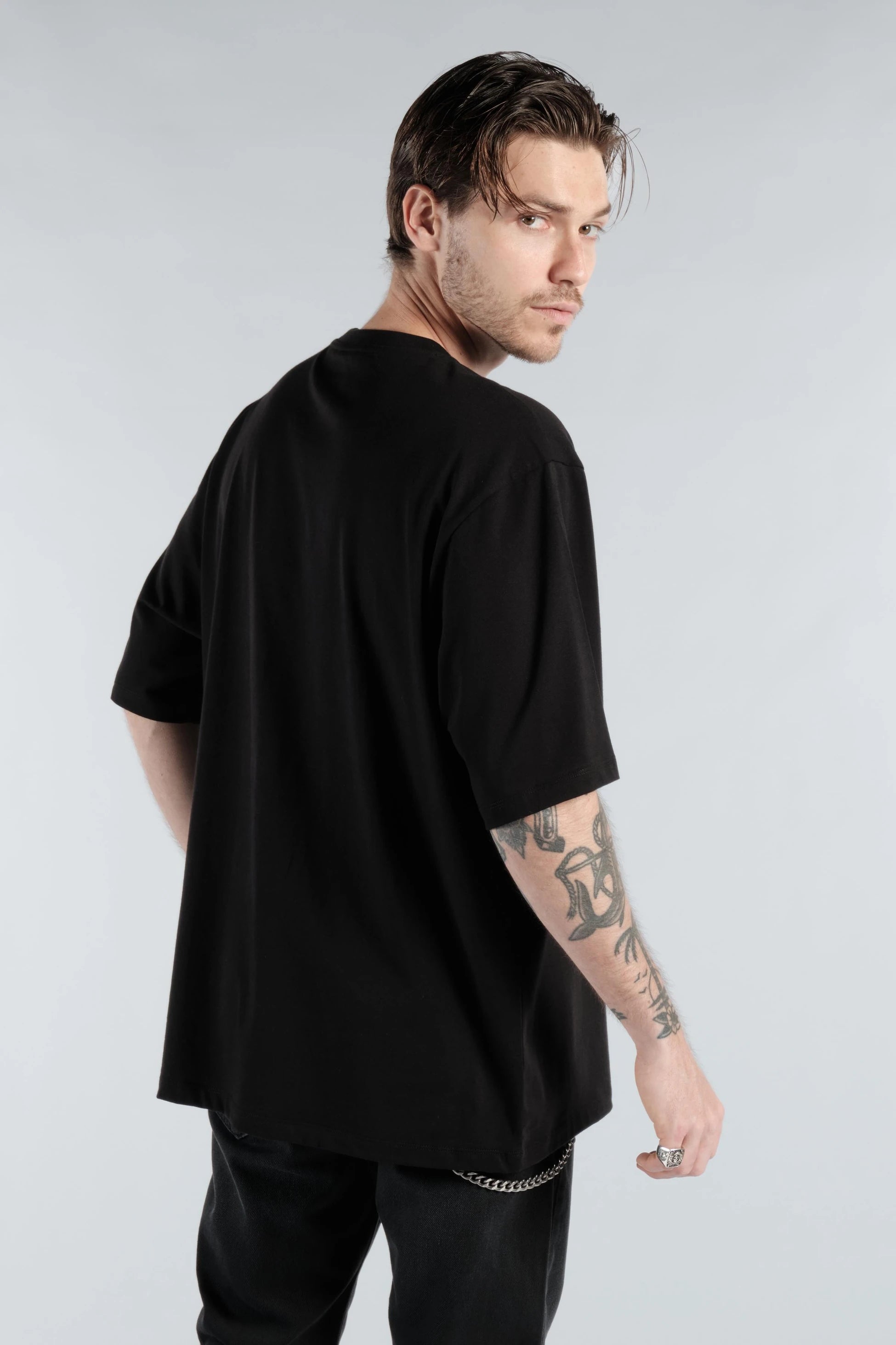 Slogan Baskılı Erkek Siyah Oversize Tişört