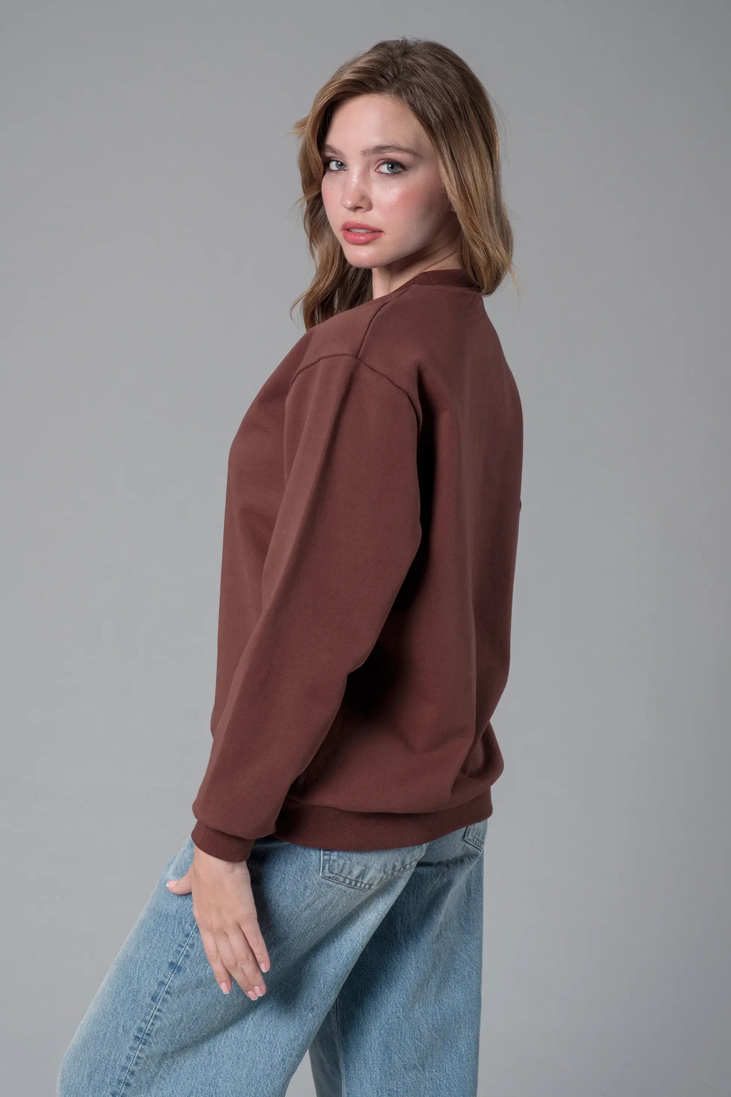 Kahverengi Bisiklet Yaka Sweatshirt