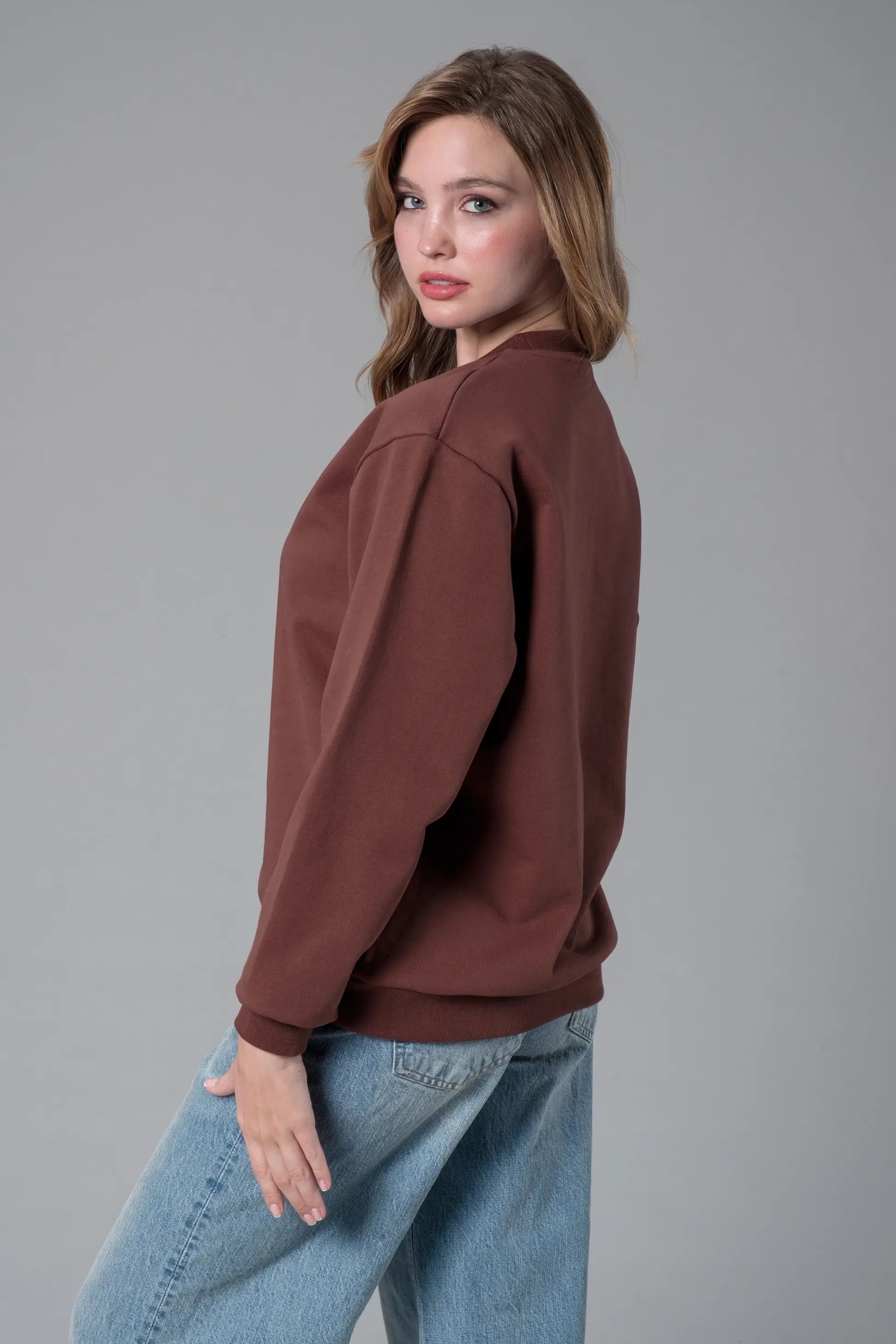 Kahverengi Bisiklet Yaka Sweatshirt