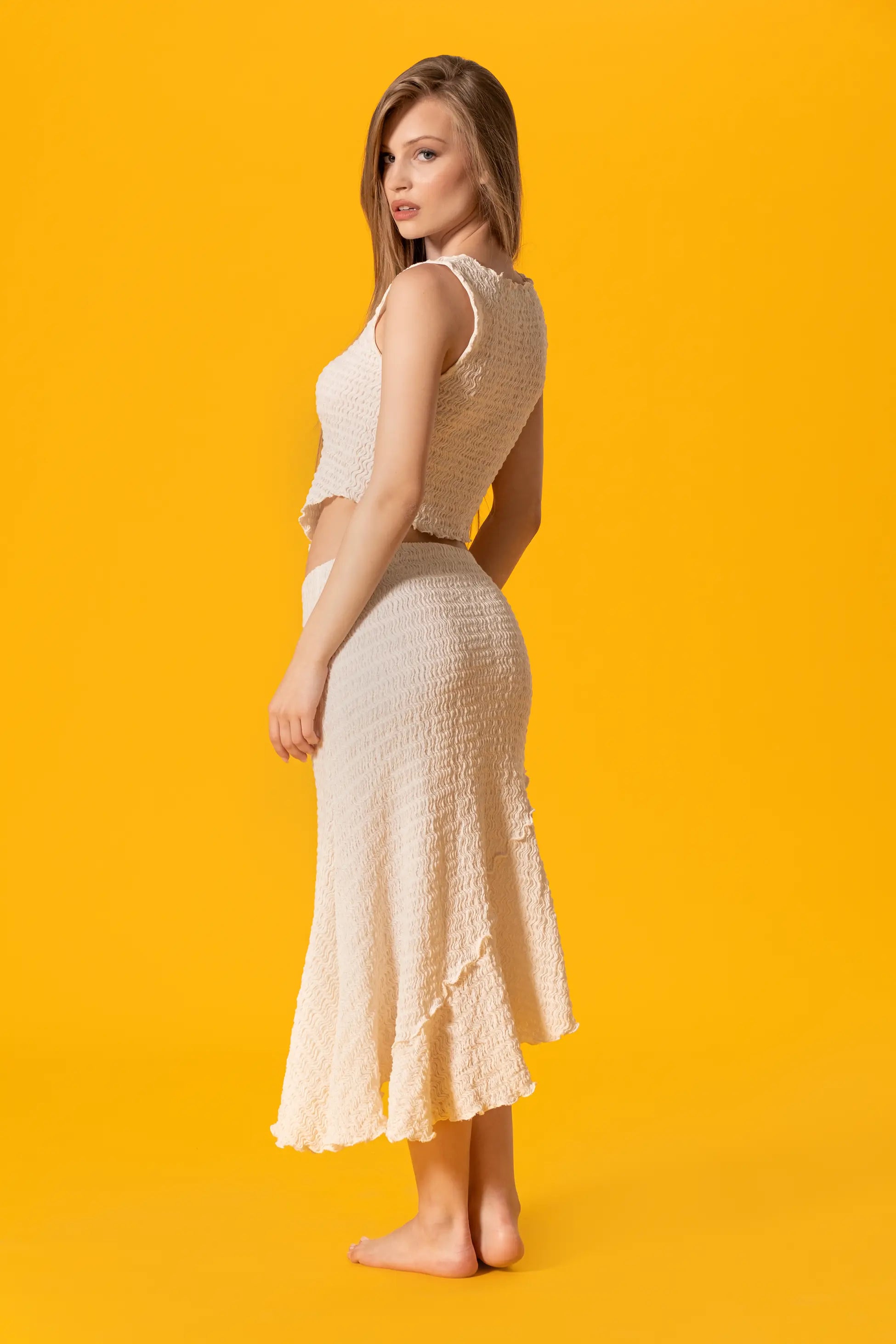 Asimetrik Kesim Ekru Midi Etek