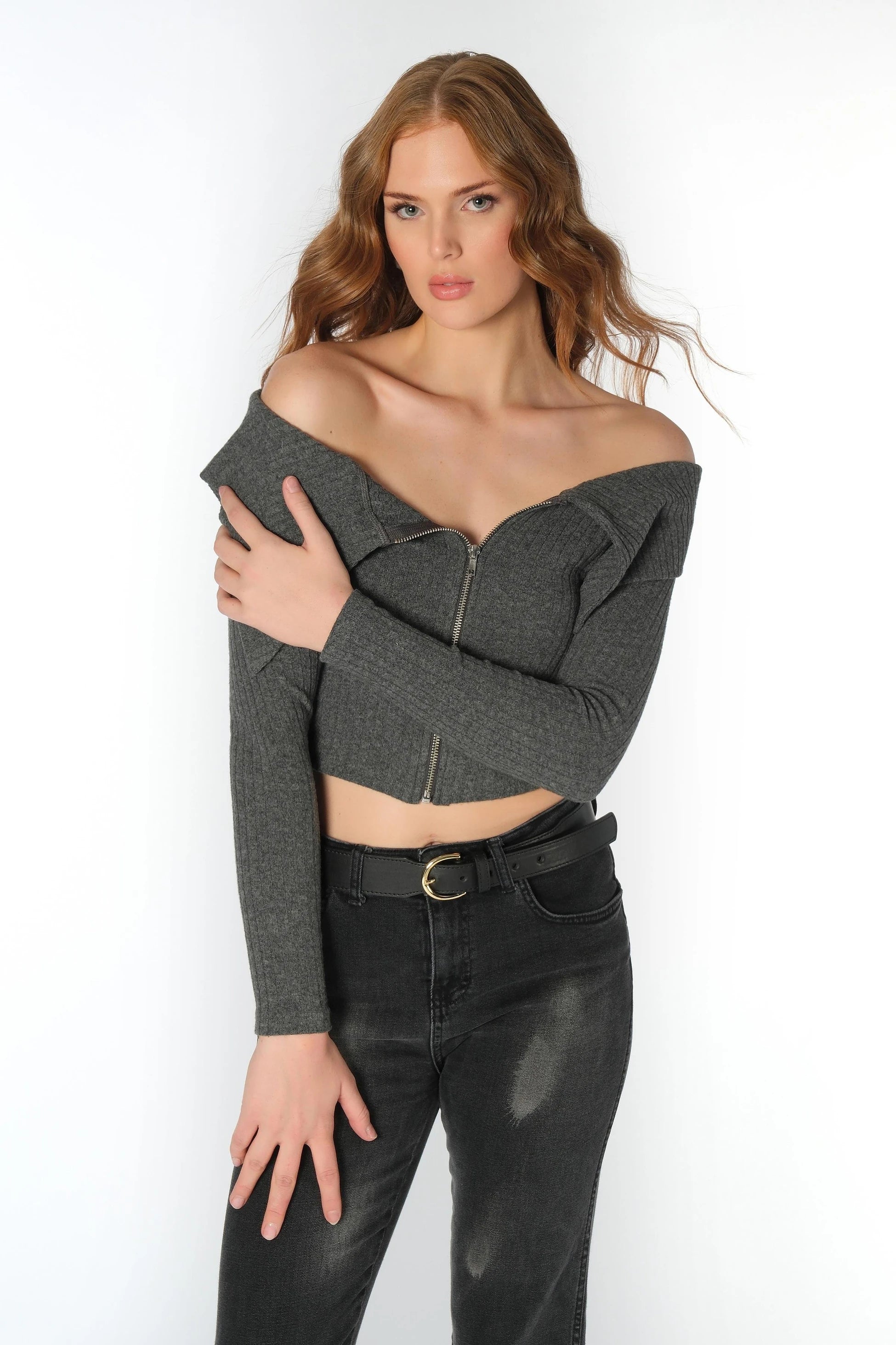 Fermuarlı Straplez Fitilli Crop Body